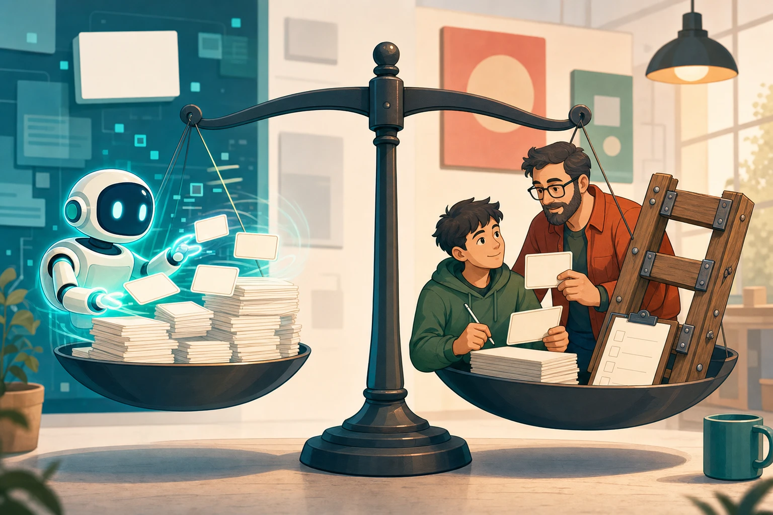 A cartoon balance scale weighs a fast AI assistant producing blank cards against a mentor, junior developer, review cards, and a repaired ladder segment