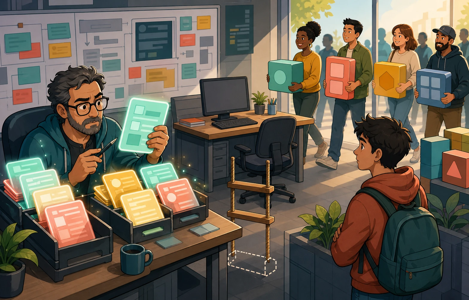 A senior engineer reviews many glowing blank code cards beside an empty entry-level workstation while new builders carry app blocks into the room