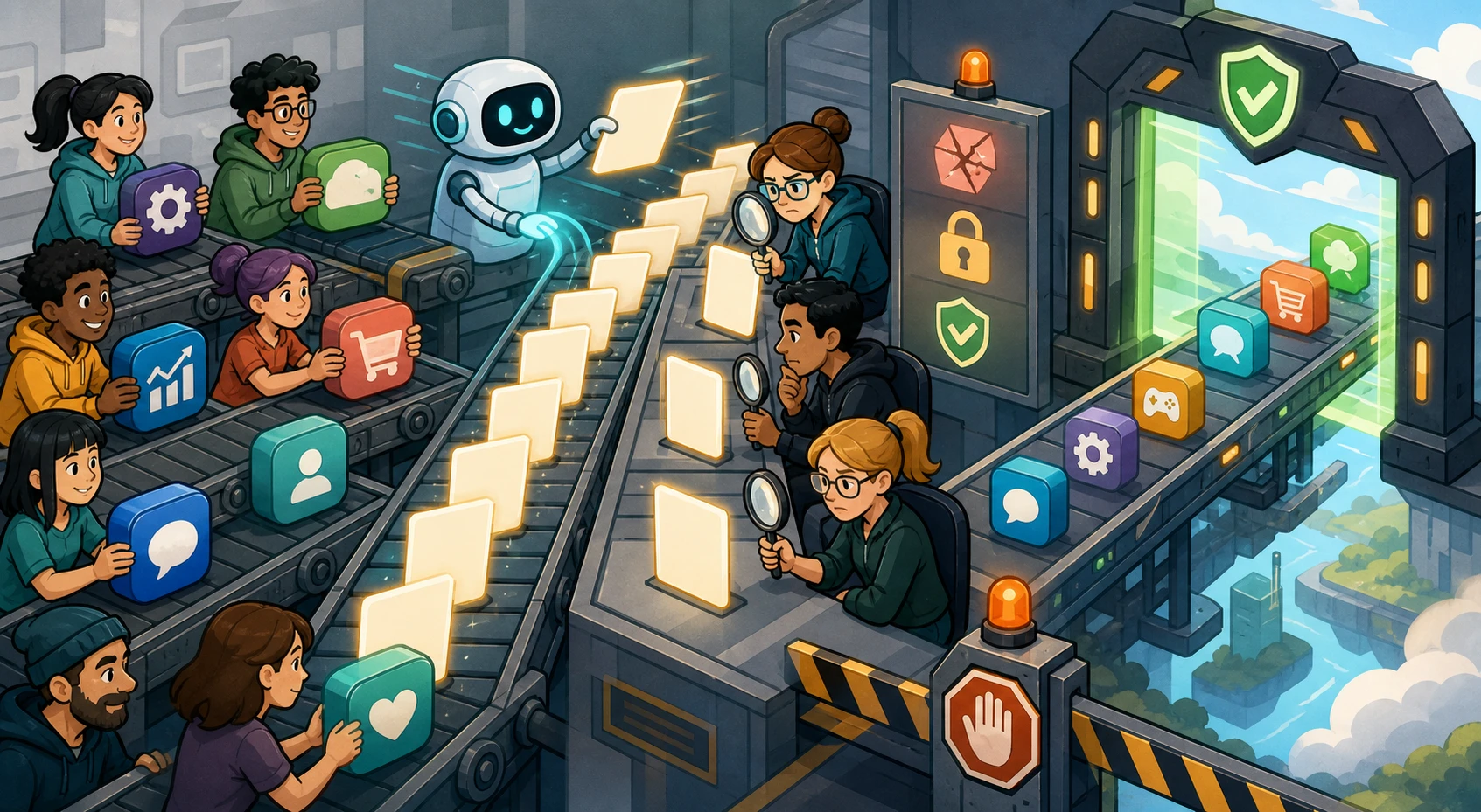Many builders send colorful app blocks through a release checkpoint while reviewers inspect glowing blank cards for locks, cracks, and safety symbols