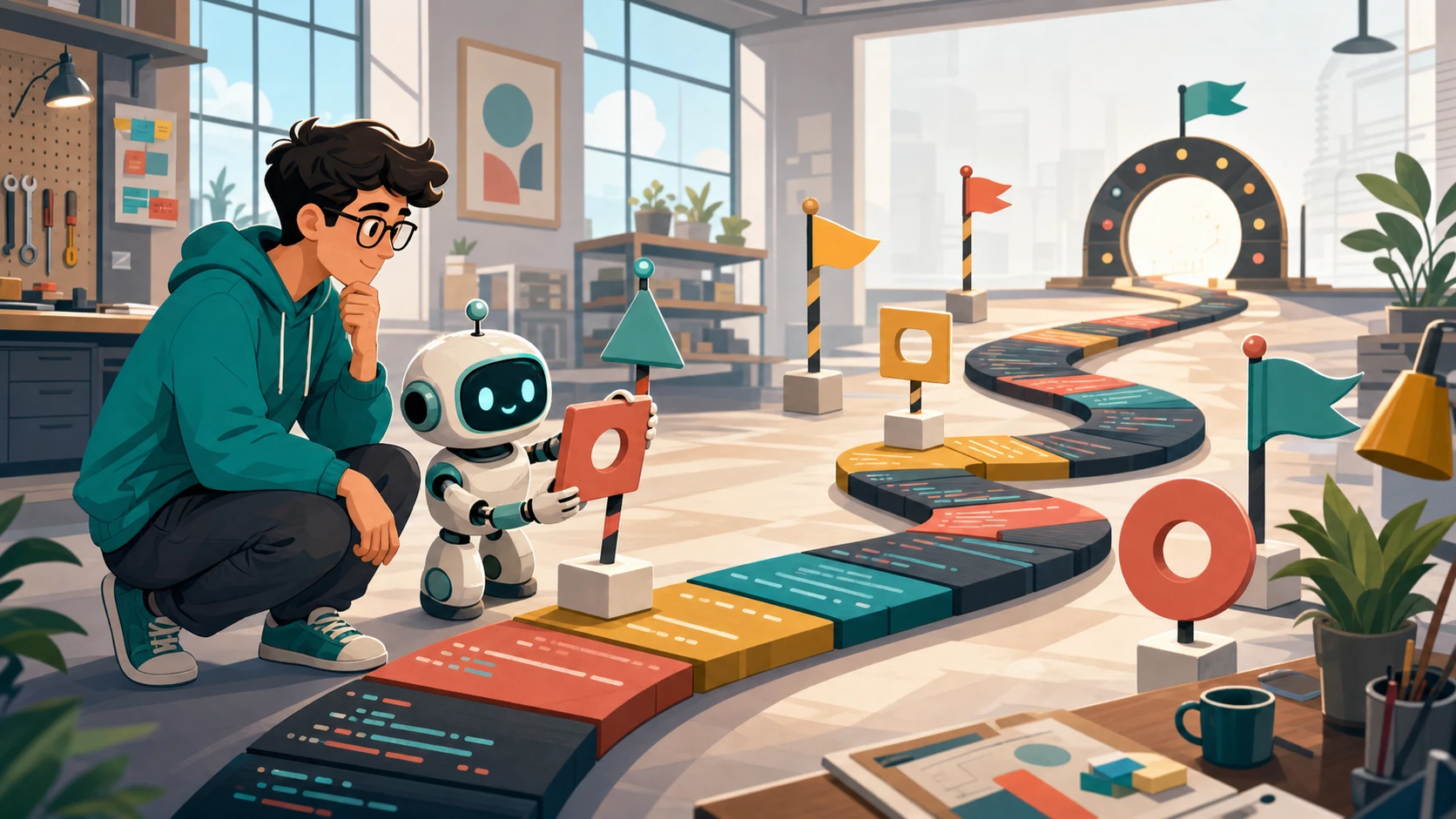 A cartoon developer and AI assistant move abstract goalposts along a winding path of code blocks