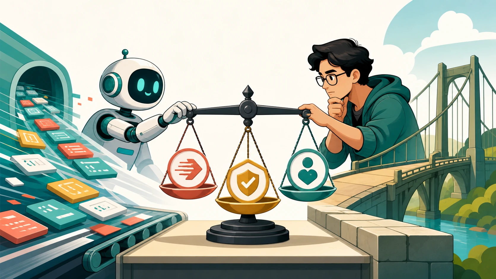 A cartoon developer and AI assistant balance speed, verification, and ownership as abstract symbols on a scale