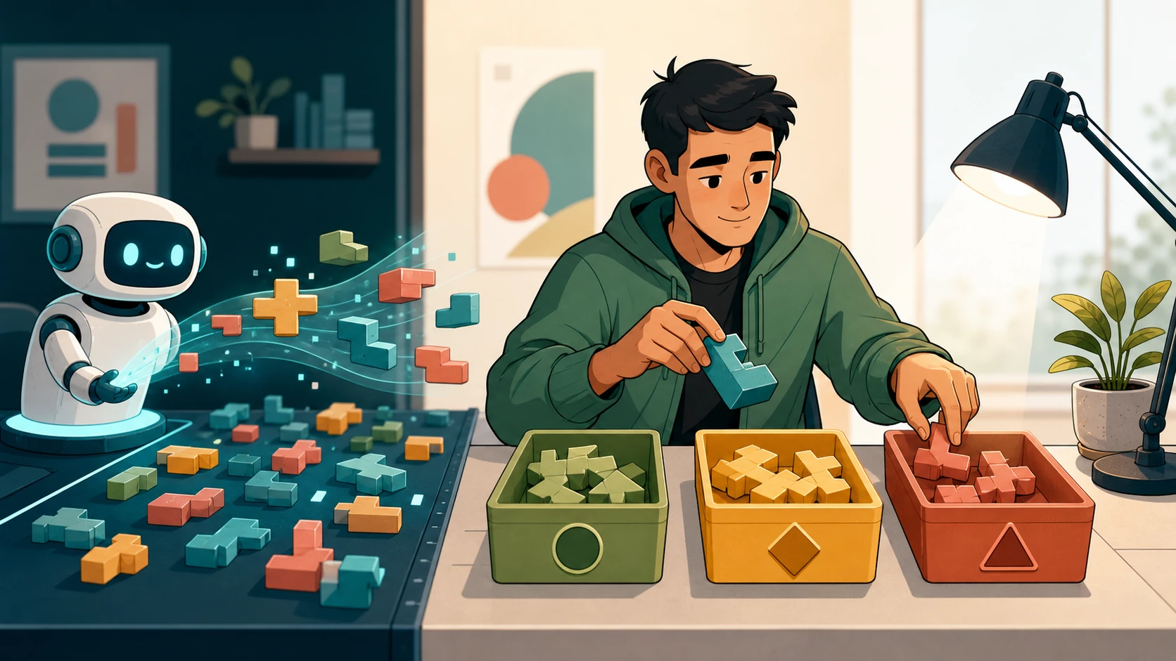 A cartoon developer sorts abstract AI-generated code pieces into different review trays