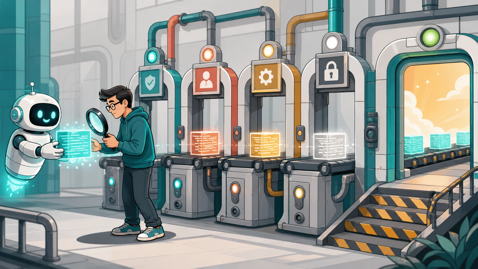 A cartoon developer checks glowing AI-generated code blocks before they pass through production gates