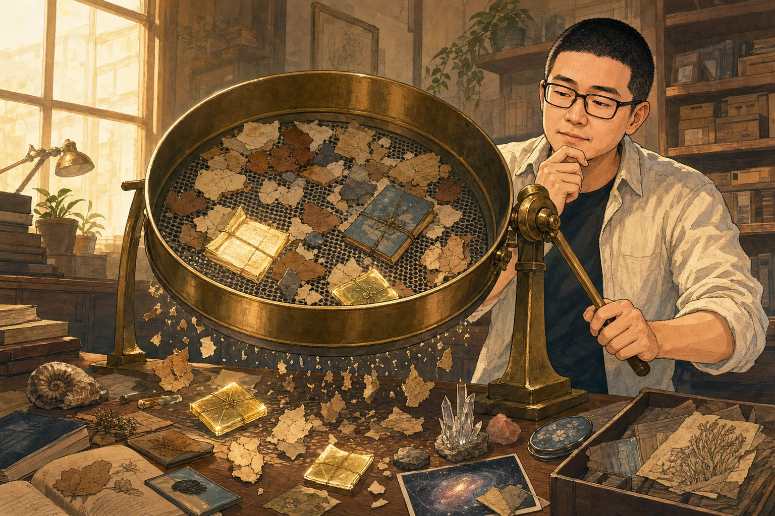 Mark pauses at a large brass sieve that catches valuable evidence packets together with crumbling paper fragments