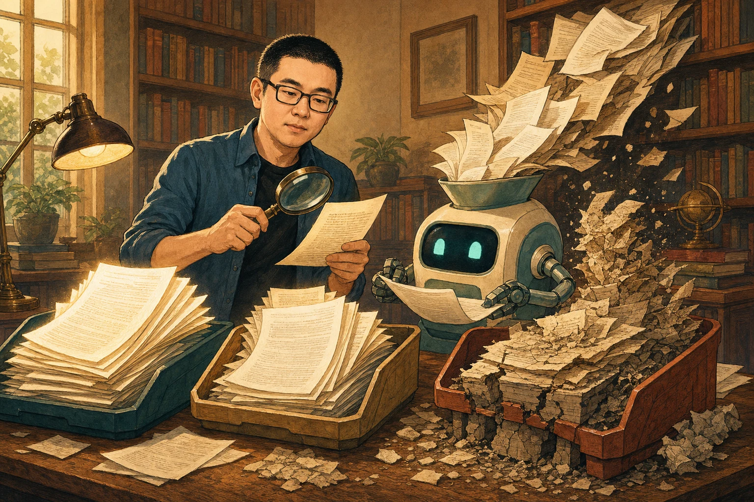 Mark sorts sturdy and crumbling research papers beside an AI reading machine in a warm library
