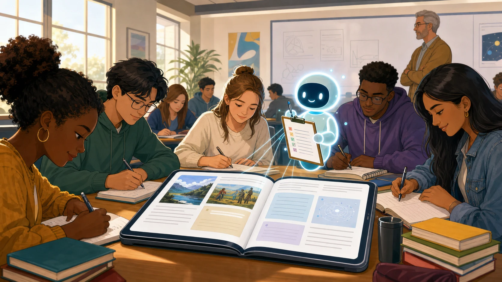 Cartoon university students write short answers around a glowing digital textbook while a small AI helper checks practice work