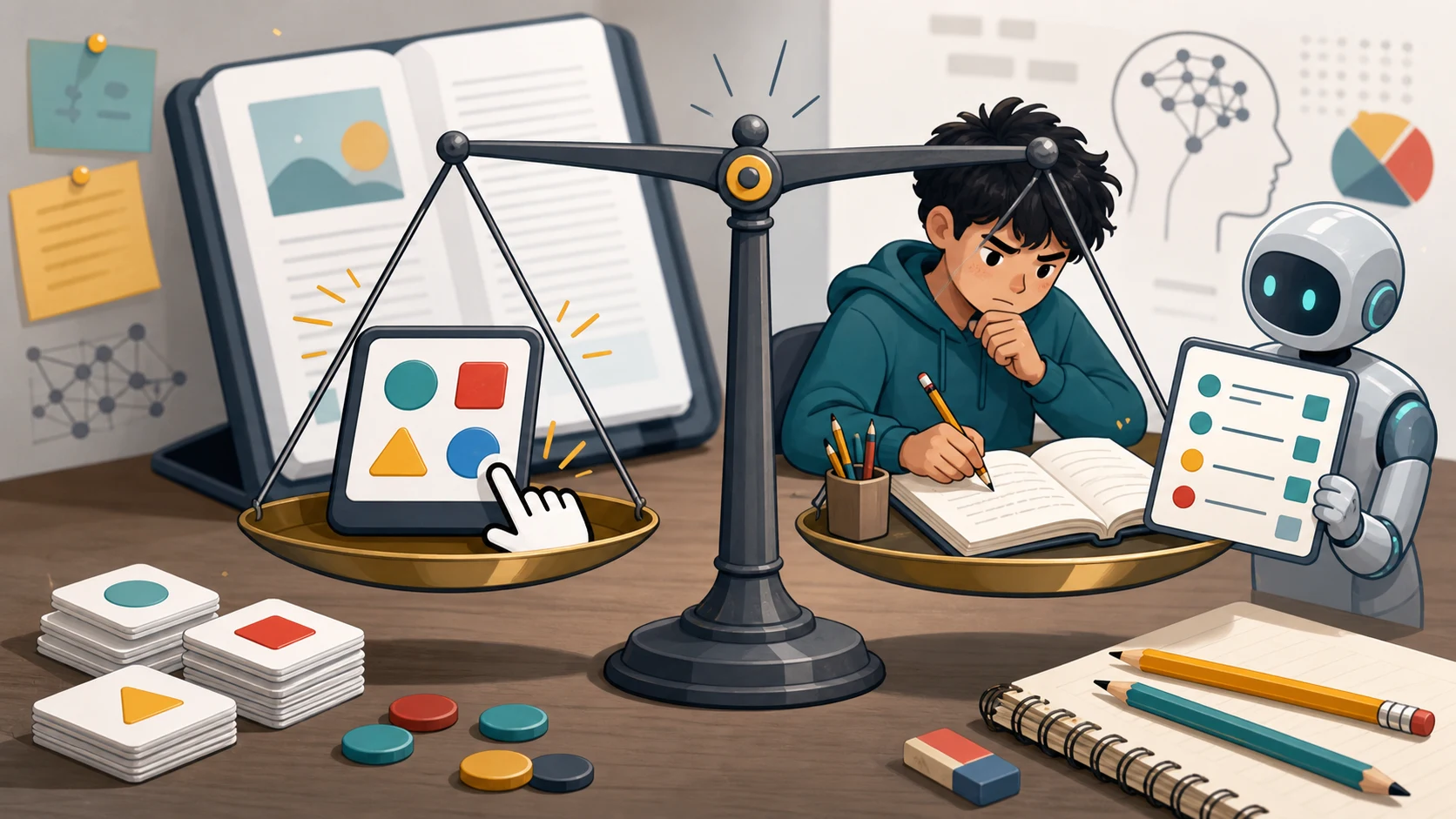 Cartoon balance scale compares abstract quick-choice buttons with a student writing a thoughtful answer while an AI helper checks a rubric