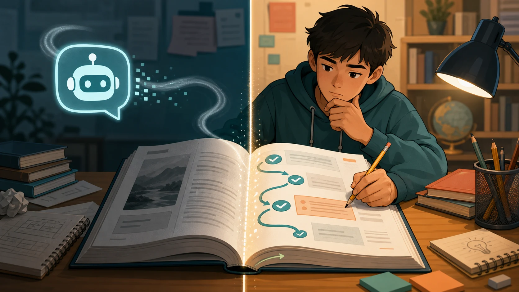 Cartoon student ignores a floating chatbot bubble and follows embedded practice checkpoints in an open digital textbook