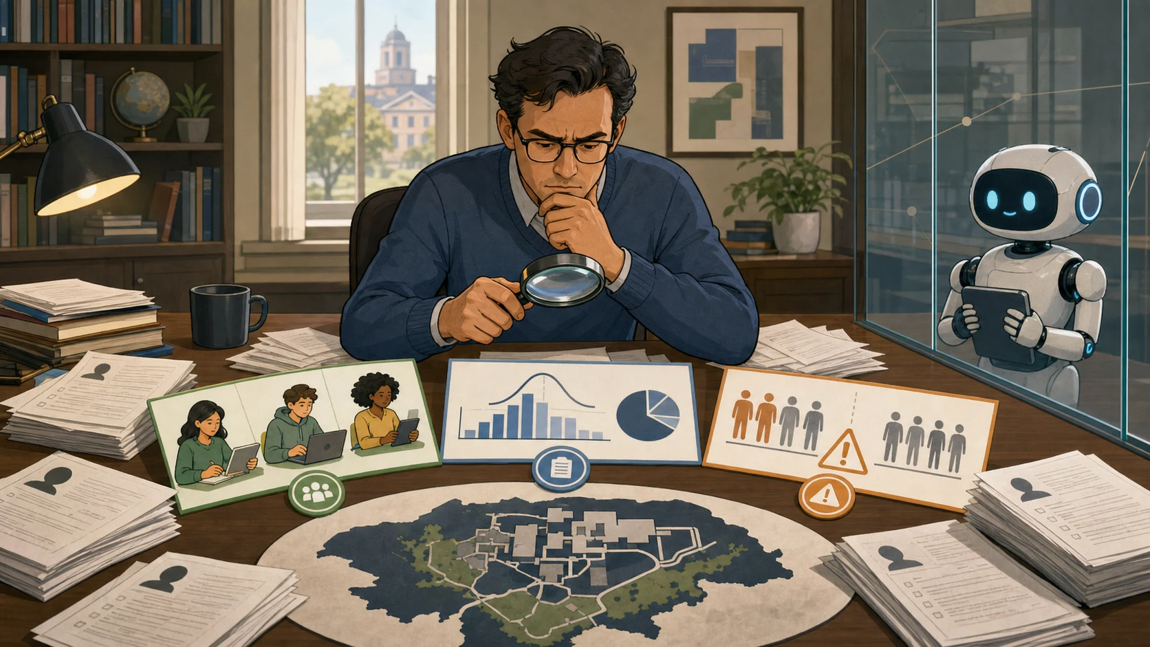Cartoon researcher examines anonymous papers, abstract charts, and a campus map while an AI helper waits behind a transparent boundary