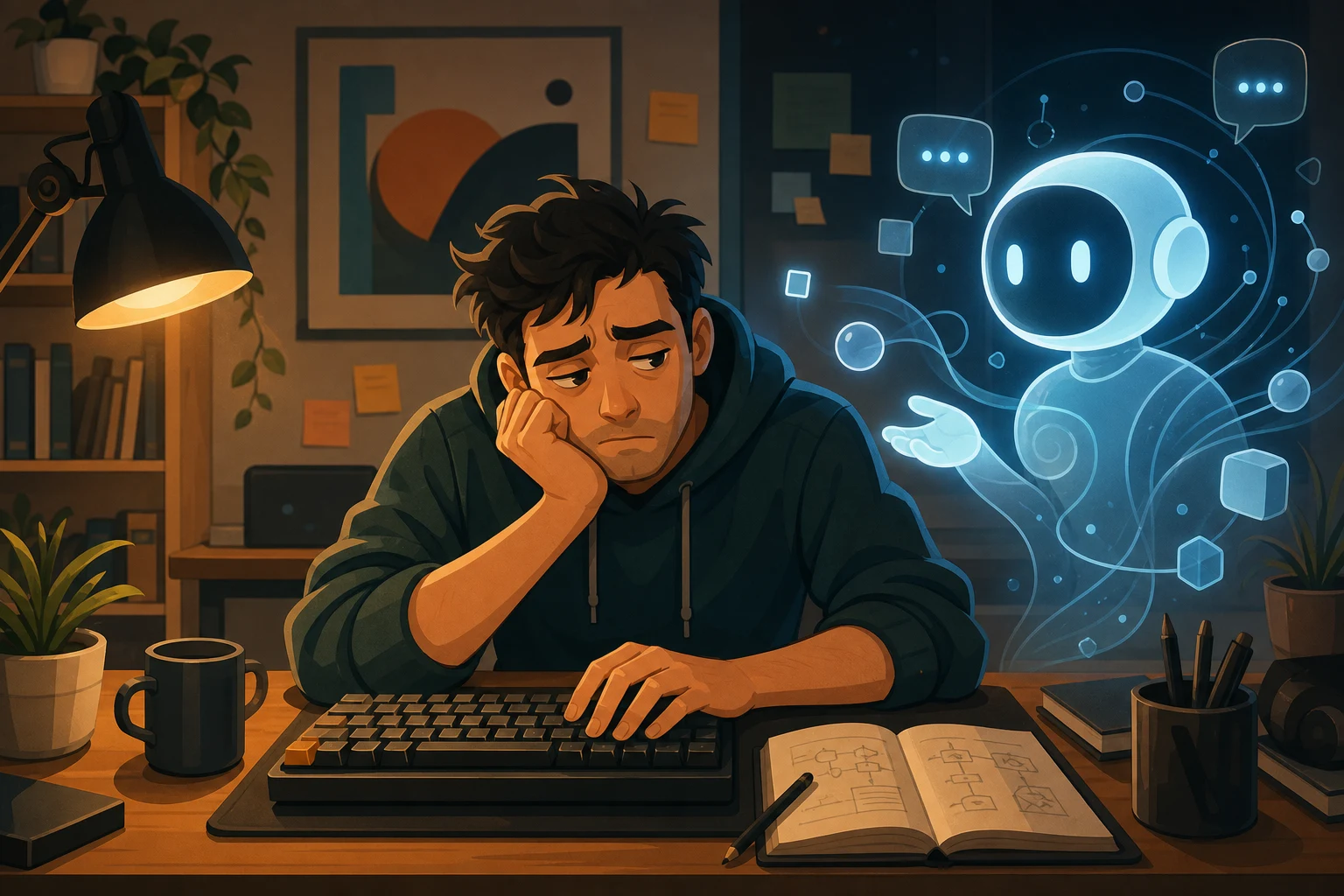 A cartoon developer looks tired while a glowing AI assistant waits beside a familiar keyboard and desk tools