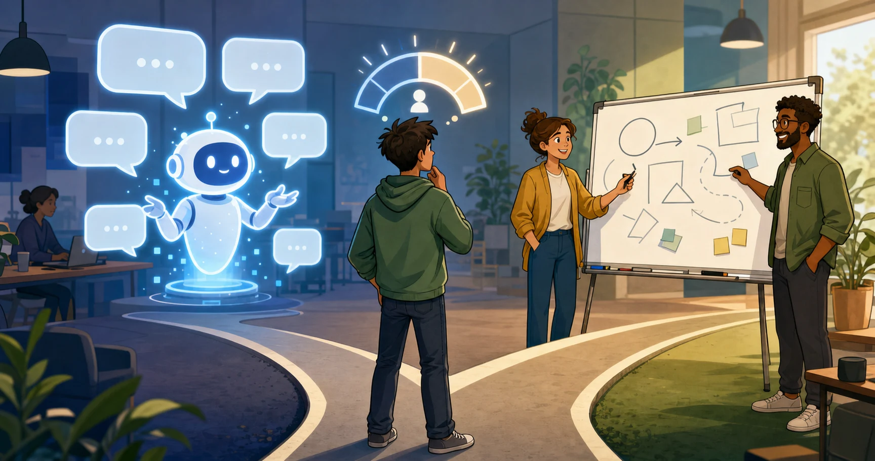 A cartoon developer stands between a glowing AI assistant with blank chat bubbles and teammates at a whiteboard of abstract shapes