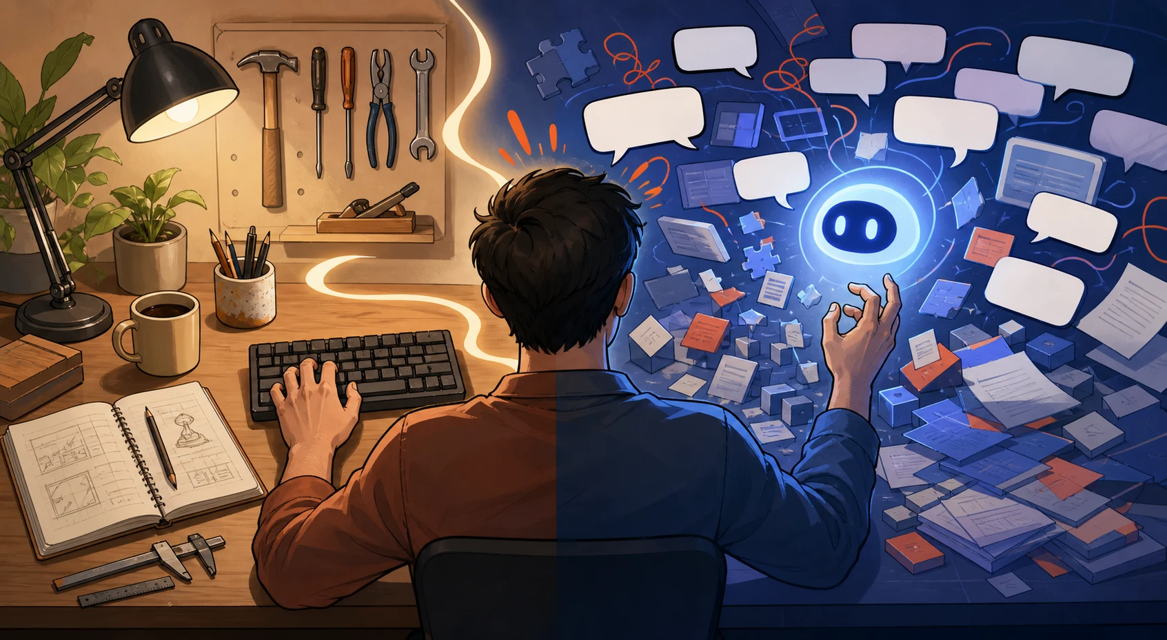 A cartoon workspace splits between effortless hand tools and a dense cloud of blank AI chat bubbles