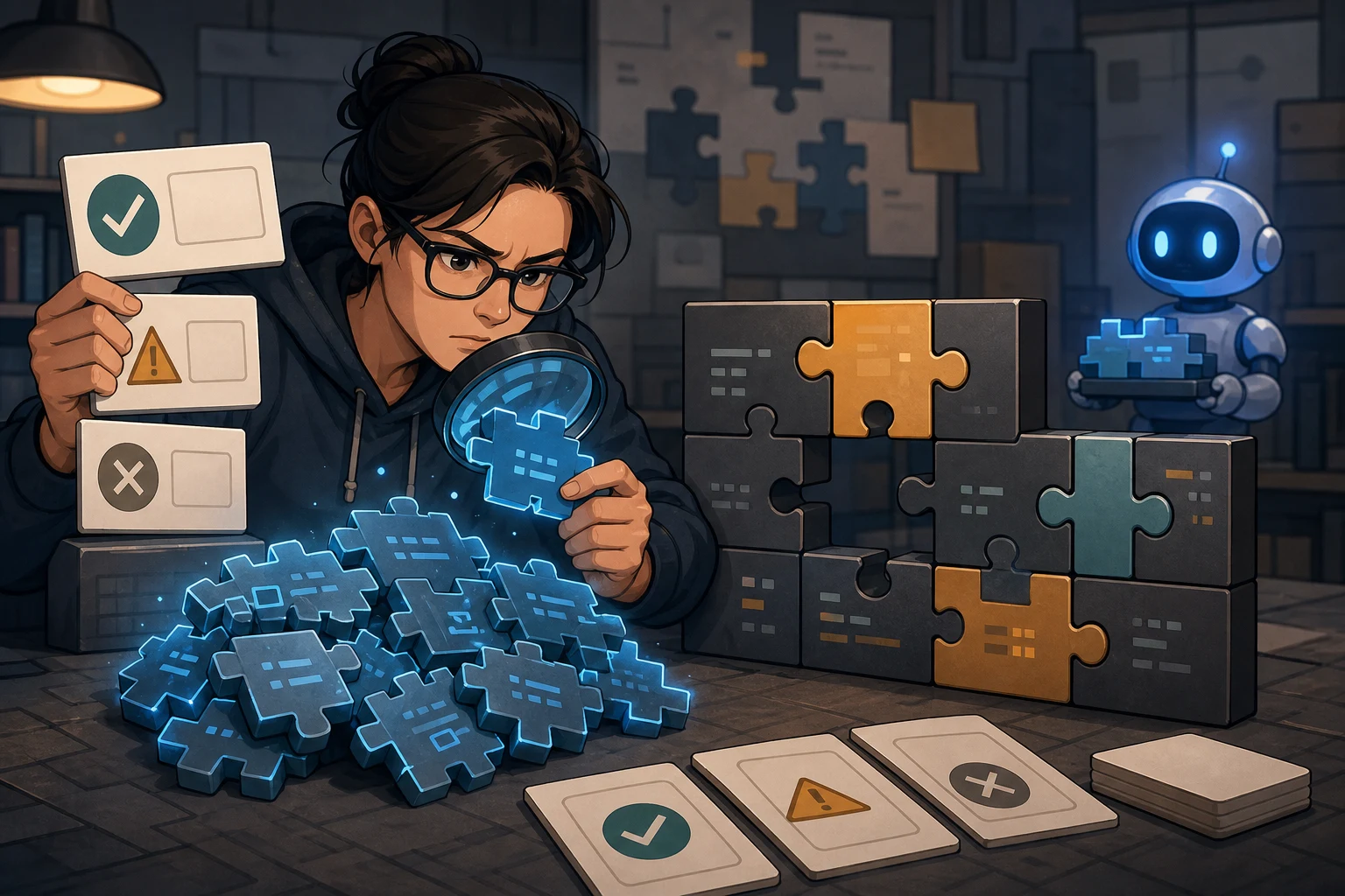 A cartoon developer inspects glowing AI-generated puzzle pieces with a magnifying glass before fitting them into a larger structure