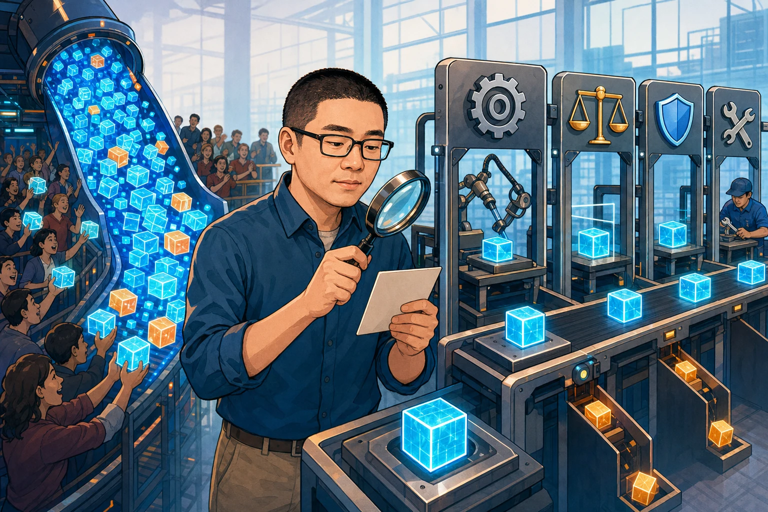 卡通形象Mark检查从繁忙的下载通道移动并通过评估和安全门的便携式模型立方体
