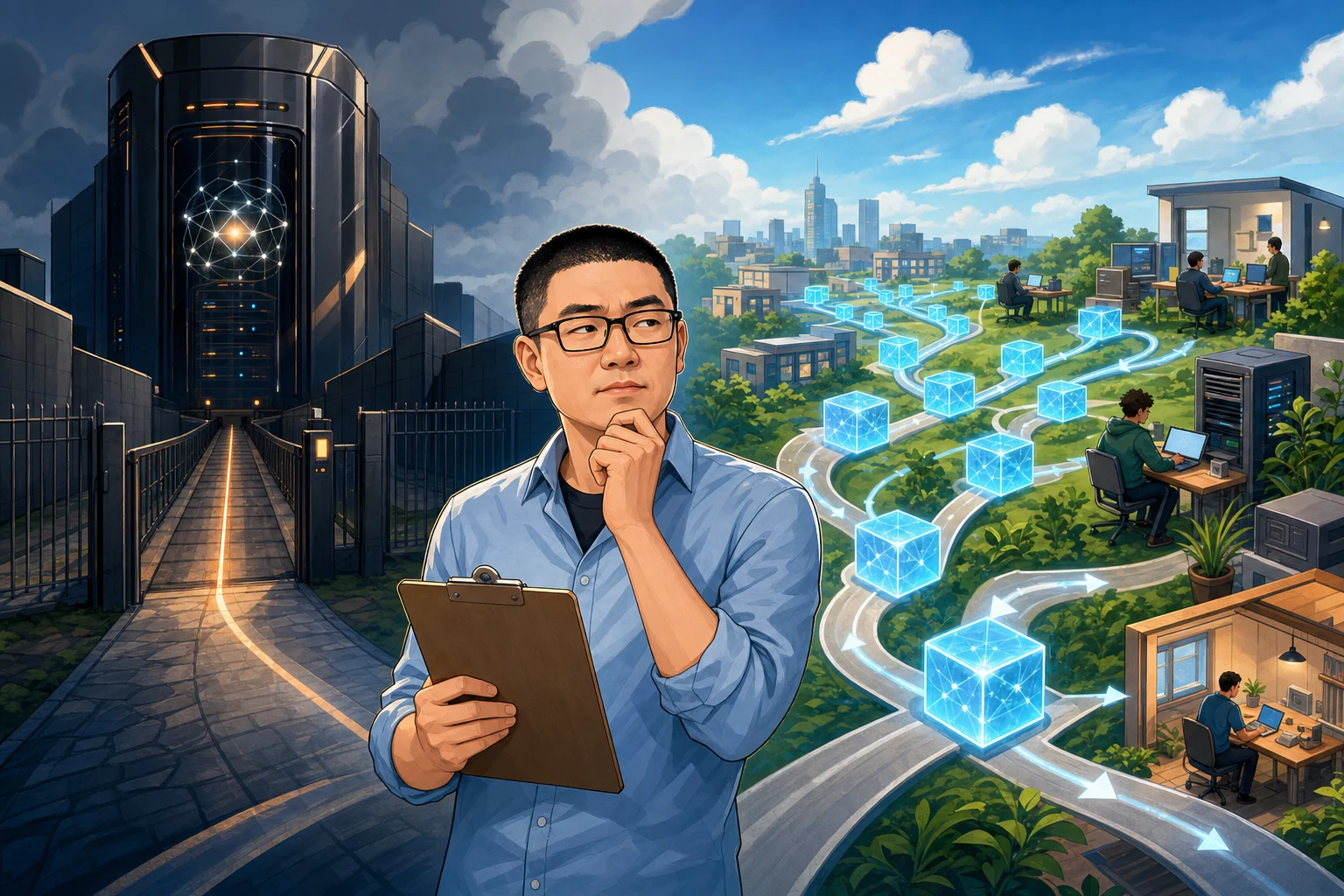 卡通形象Mark对比一个密封的AI服务器塔和朝向本地工作站分发的便携式模型立方体