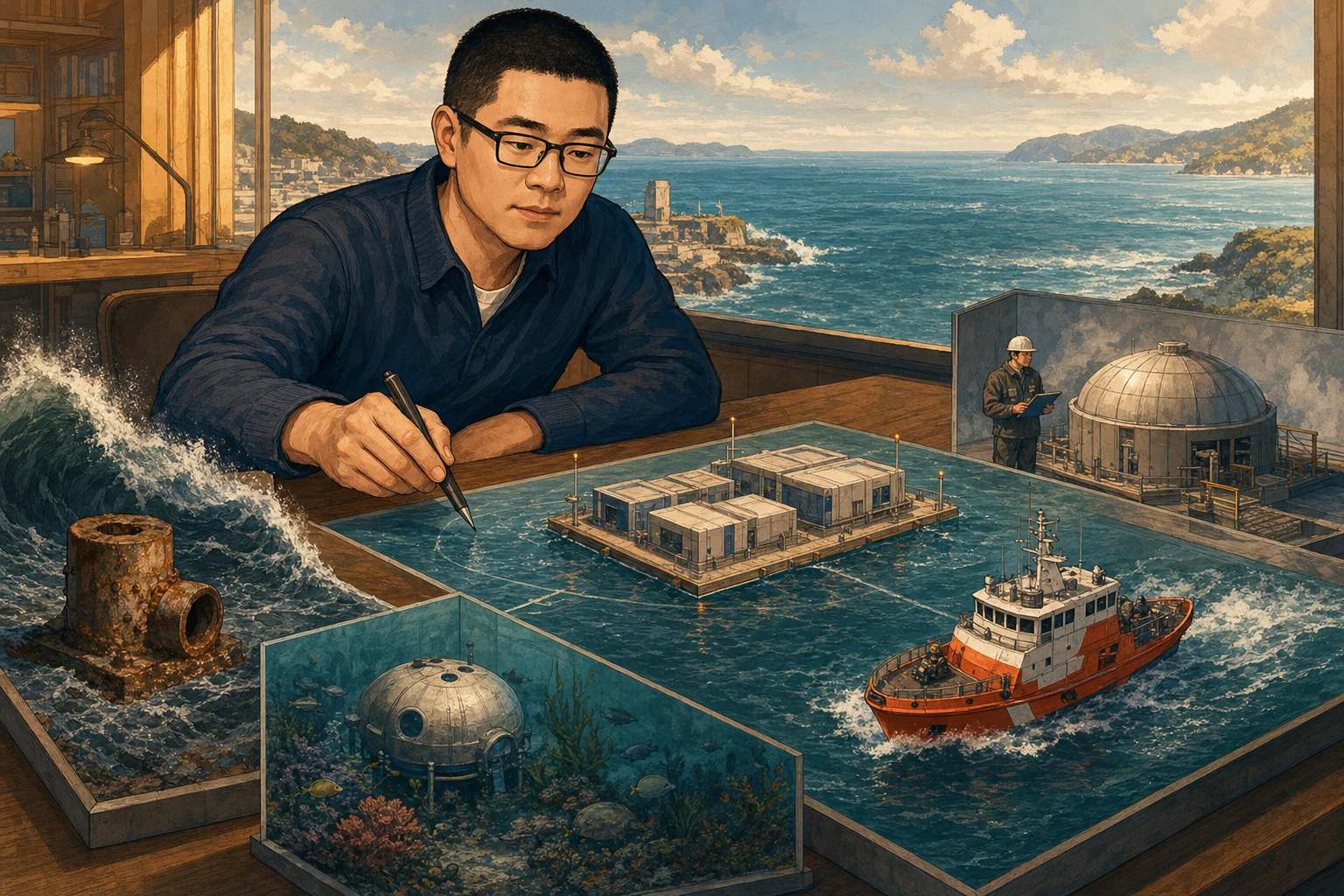 Mark 检查一个浮动计算模型，周围环绕着风暴、腐蚀、海洋栖息地、安全船和反应堆监督等担忧