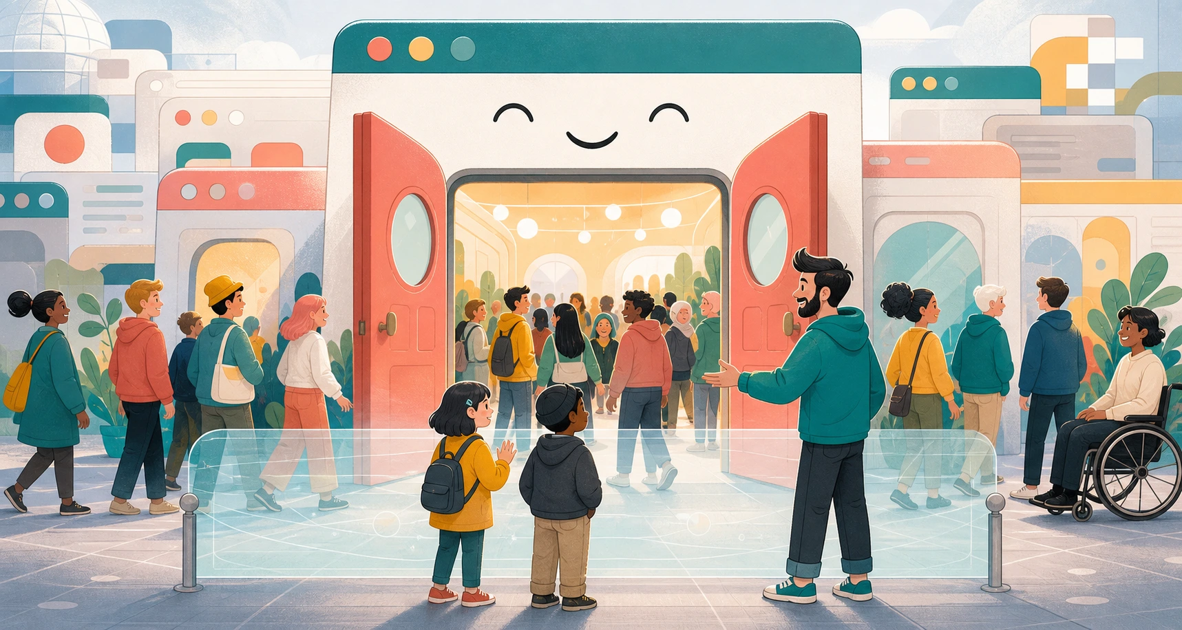 A cartoon website doorway welcomes most visitors while a few people wait behind a transparent compatibility barrier