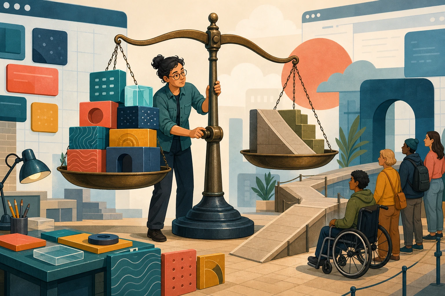 A cartoon maintainer weighs modern CSS blocks against fallback ramps and visitors waiting for a usable path