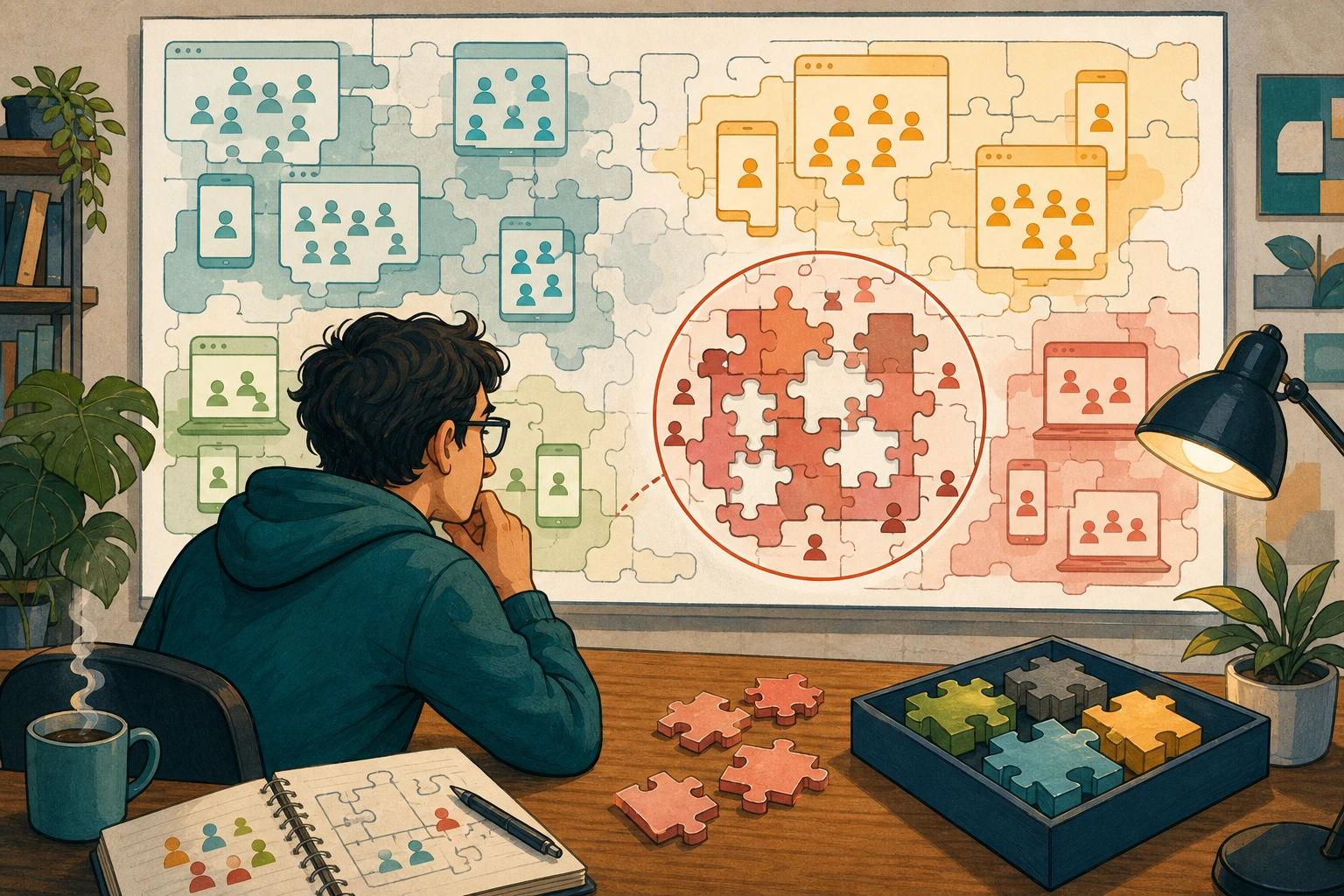 A cartoon developer studies grouped browser audiences and finds one cluster with missing compatibility puzzle pieces