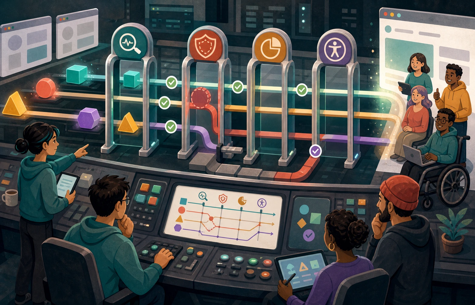 Cartoon engineers route feature blocks through icon-only support, fallback, analytics, and accessibility gates before users receive a working page