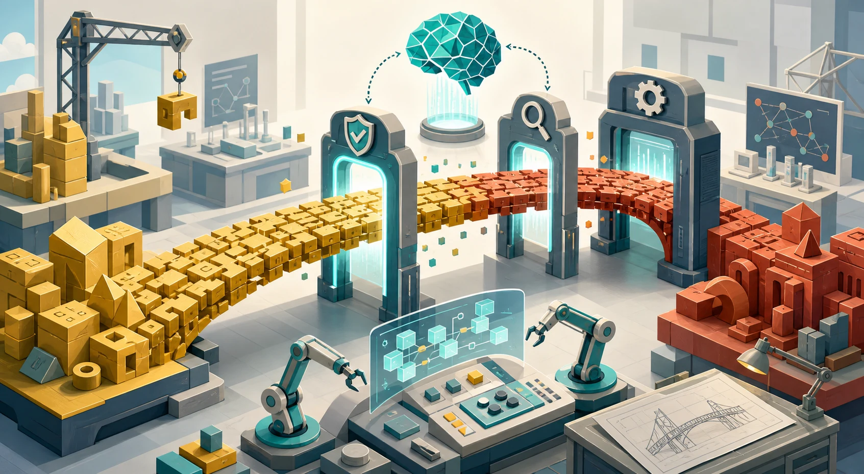 A cartoon engineering lab moves gold code blocks through review gates into rust-colored modules