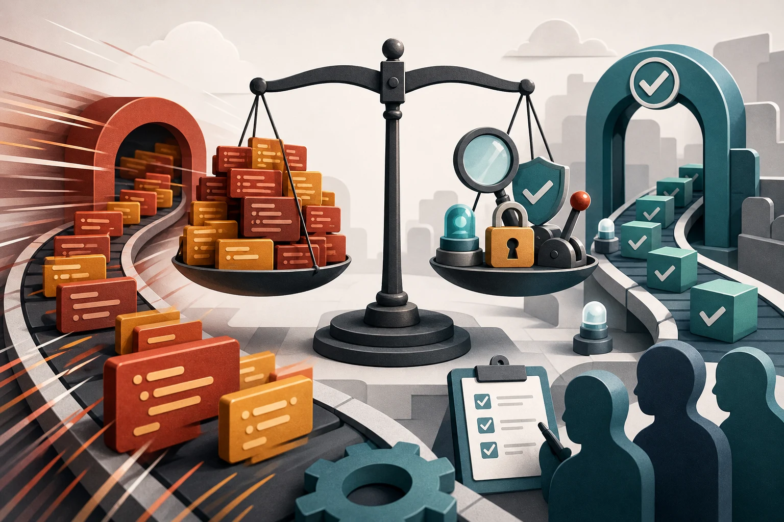 A cartoon scale balances a fast stream of code blocks against review tools, locks, and test checkpoints