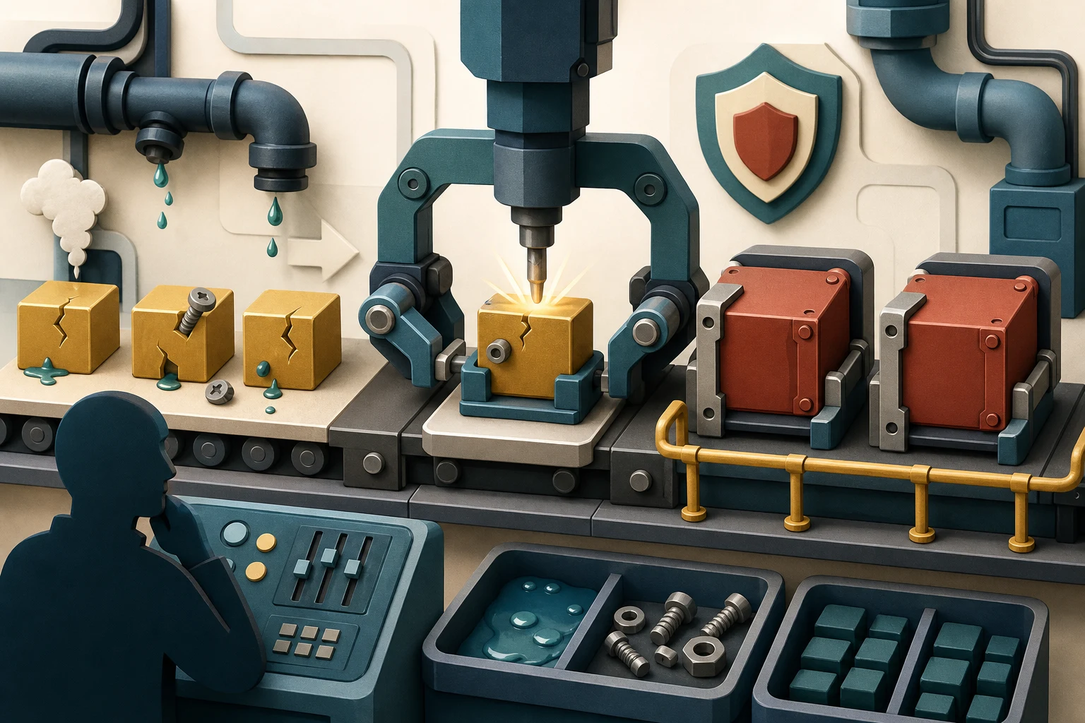 A cartoon repair line turns cracked gold code blocks into sturdy rust-colored modules with safety rails