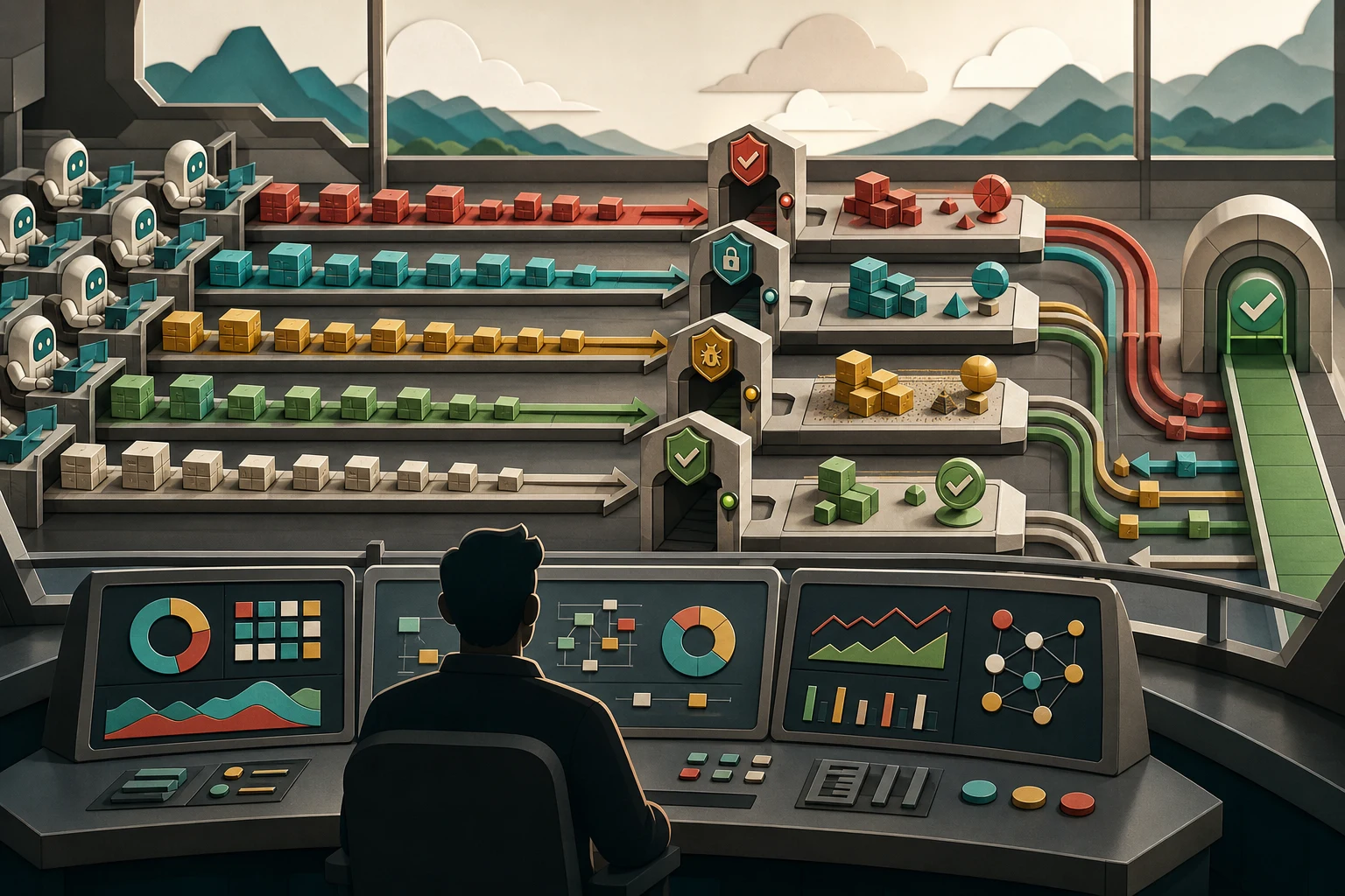 A cartoon operations room monitors parallel code lanes passing through testing, security, and release gates