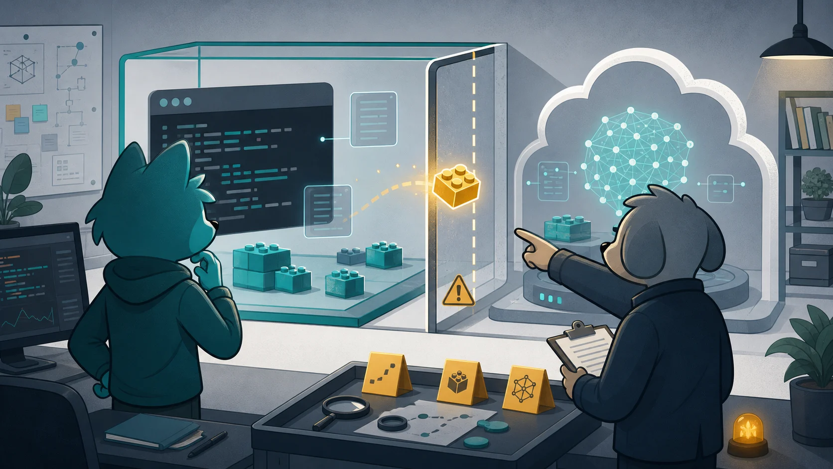 卡通开发者和安全分析师在密封的 AI 会话隔间之间检查一块发光的错位积木