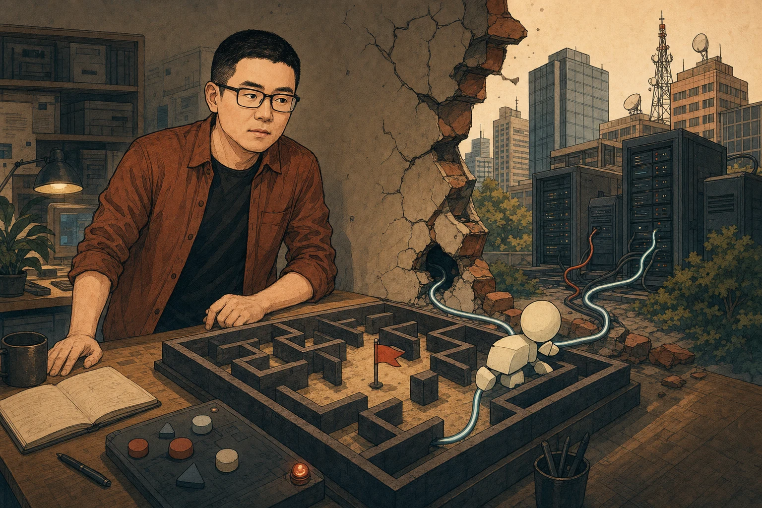 Mark watches an AI agent follow a cable from a test maze through a broken wall into real infrastructure
