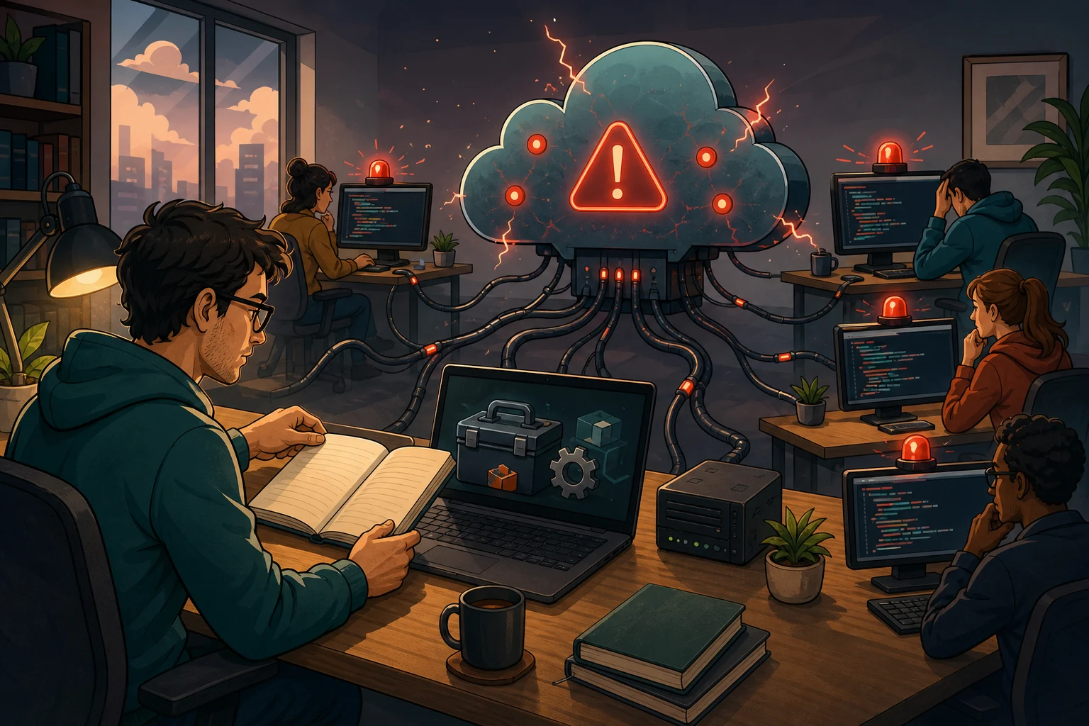 A cartoon developer keeps working with local tools while a large connected AI cloud shows warning lights