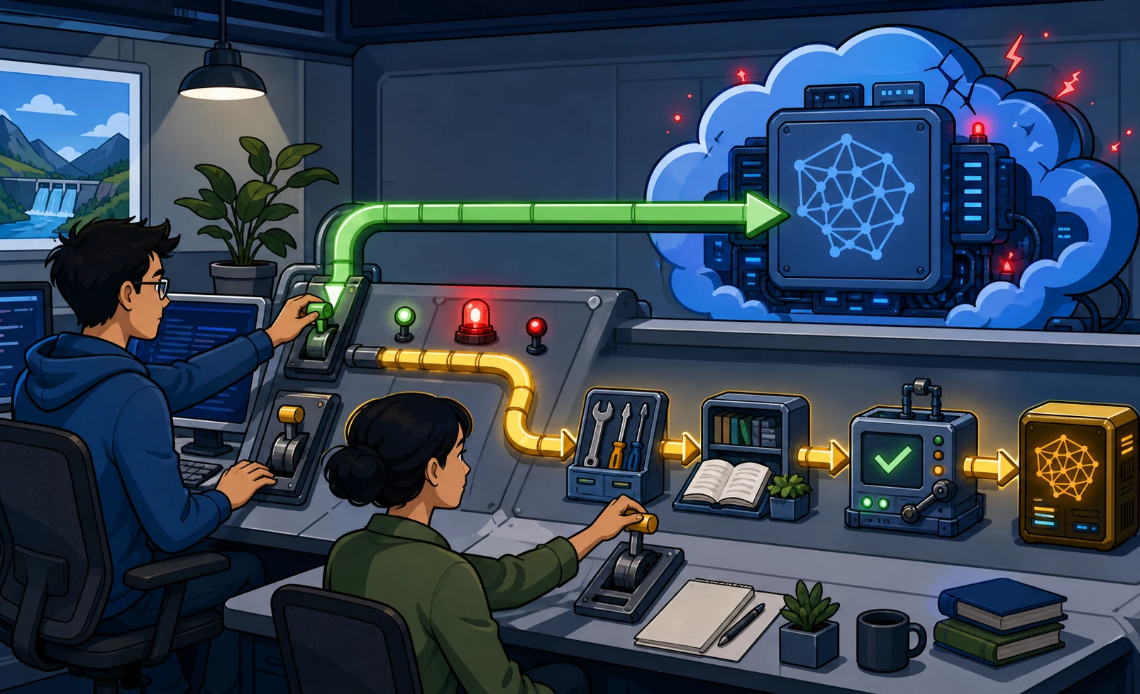Cartoon engineers route work through a primary cloud path and a smaller fallback path with local tools