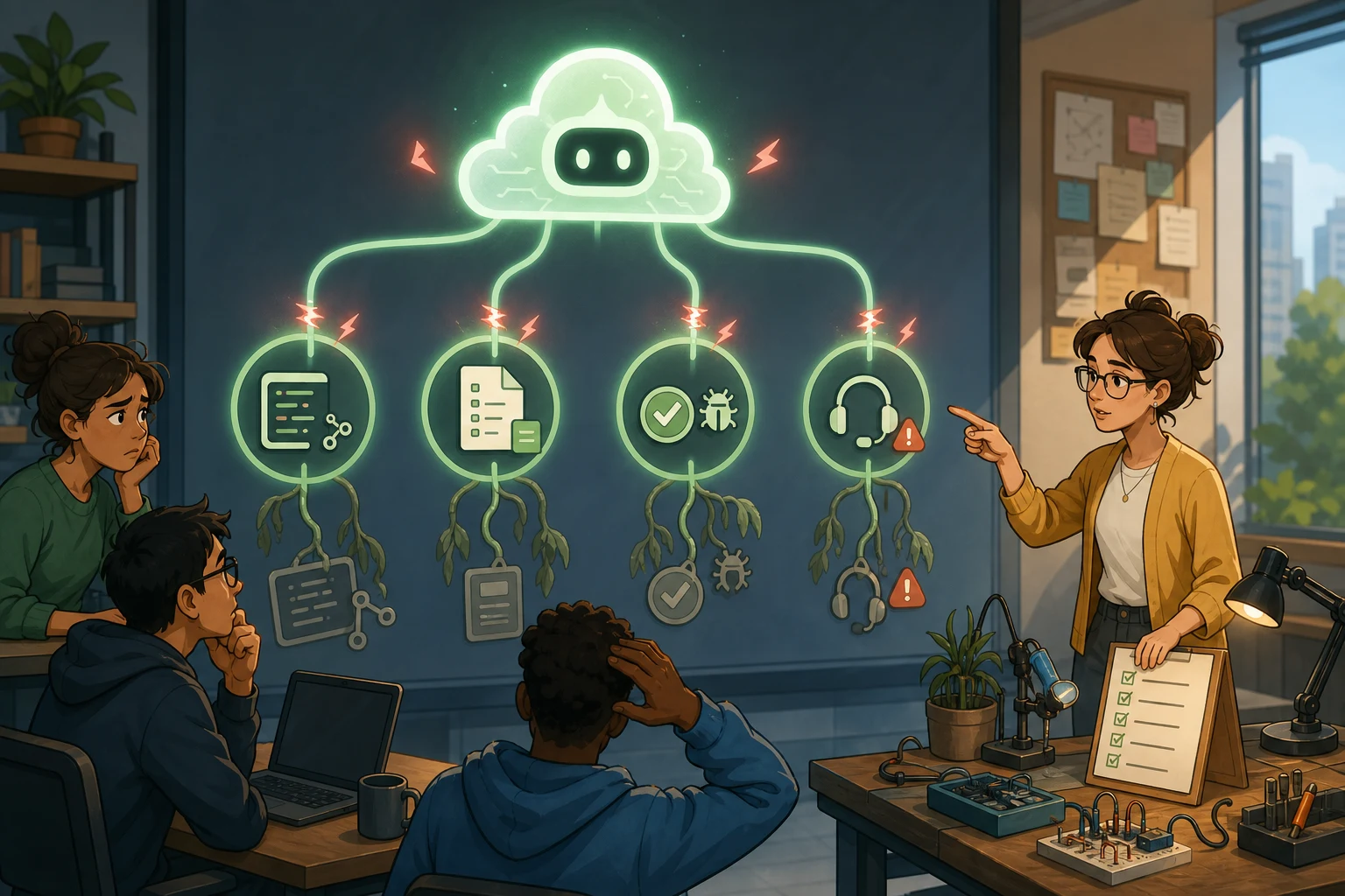 A cartoon team watches several software workflows sag as a central AI cloud flickers