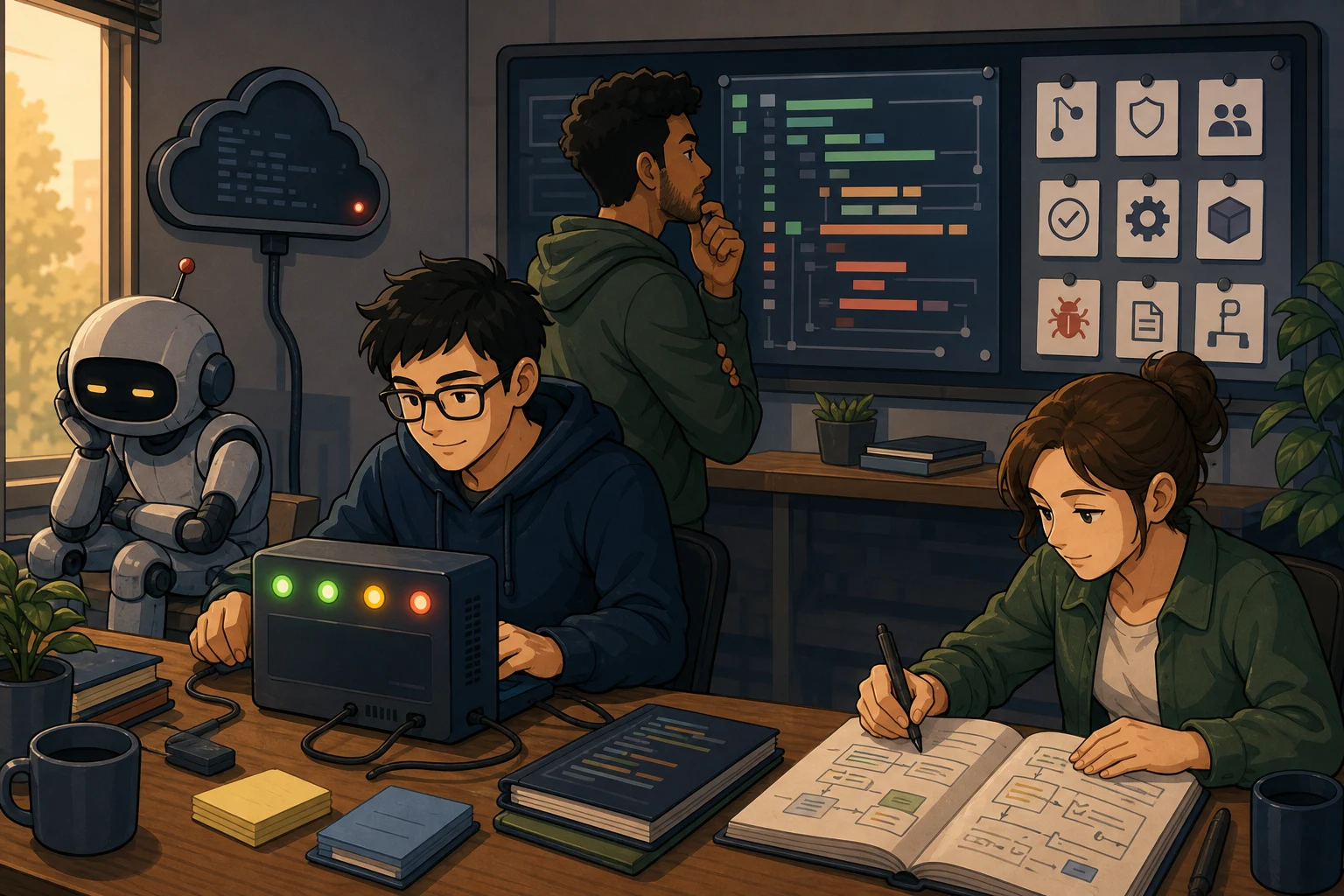 A cartoon team keeps working with tests, reviews, and documentation while a small robot assistant waits beside a dim cloud terminal