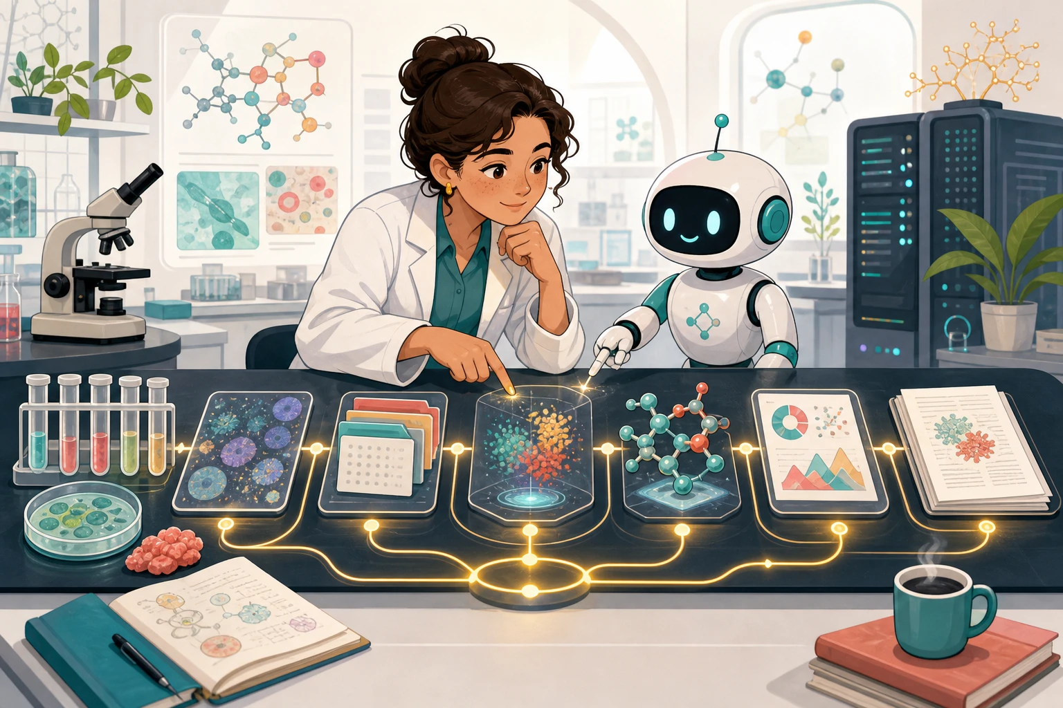 漫画中的科学家与 AI 助手一起,沿着发光的溯源路径,从实验数据追踪到图表和论文手稿