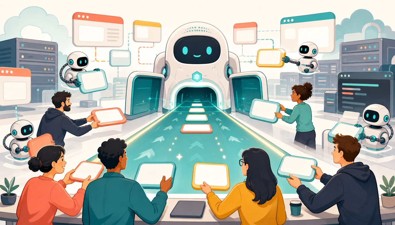 一组卡通人物把空白任务卡送进一条宽阔的 AI 工作流通道，周围有小型机器人助手
