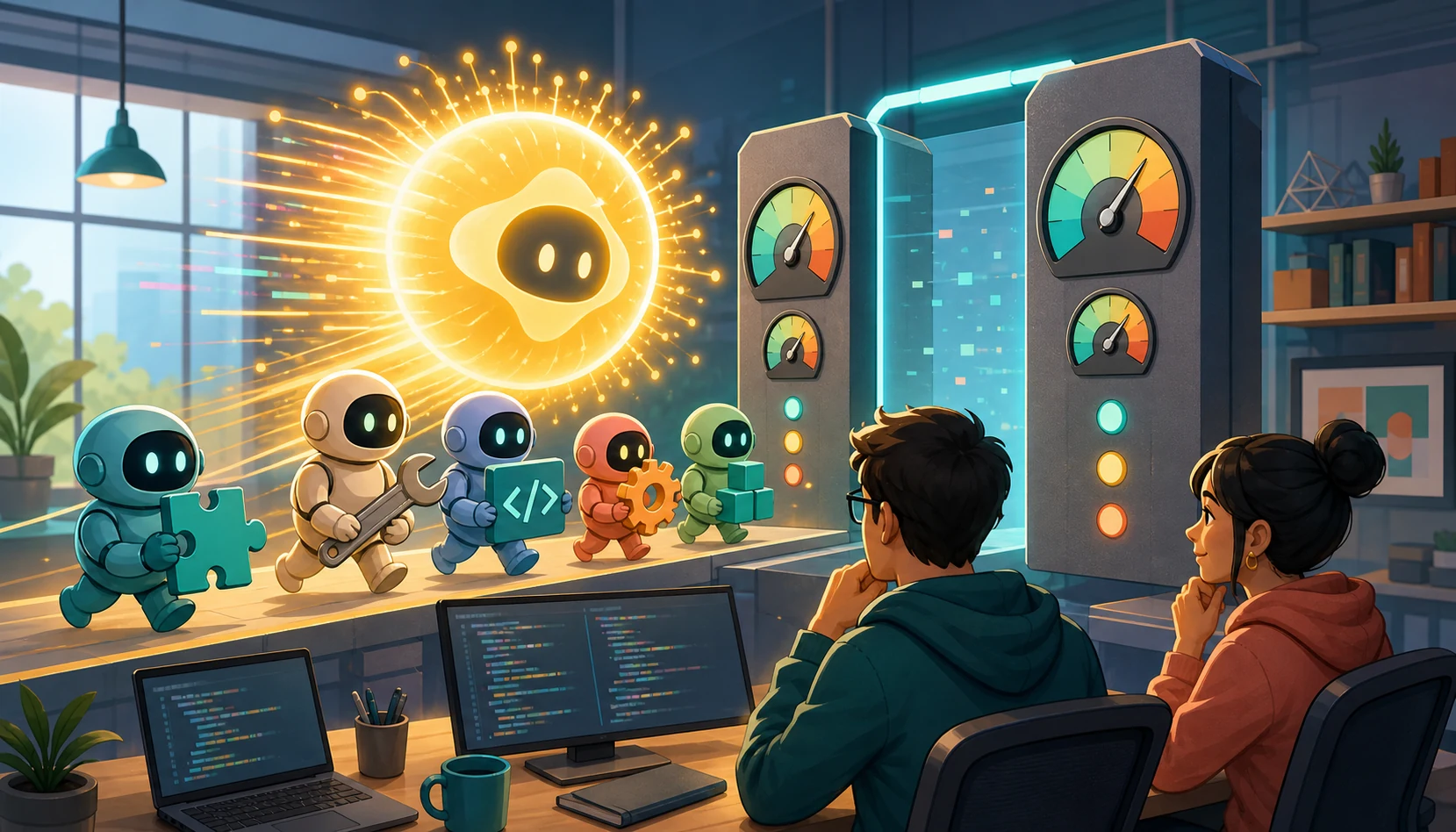 A powerful cartoon AI coding assistant approaches a developer workstation while capacity meters glow nearby