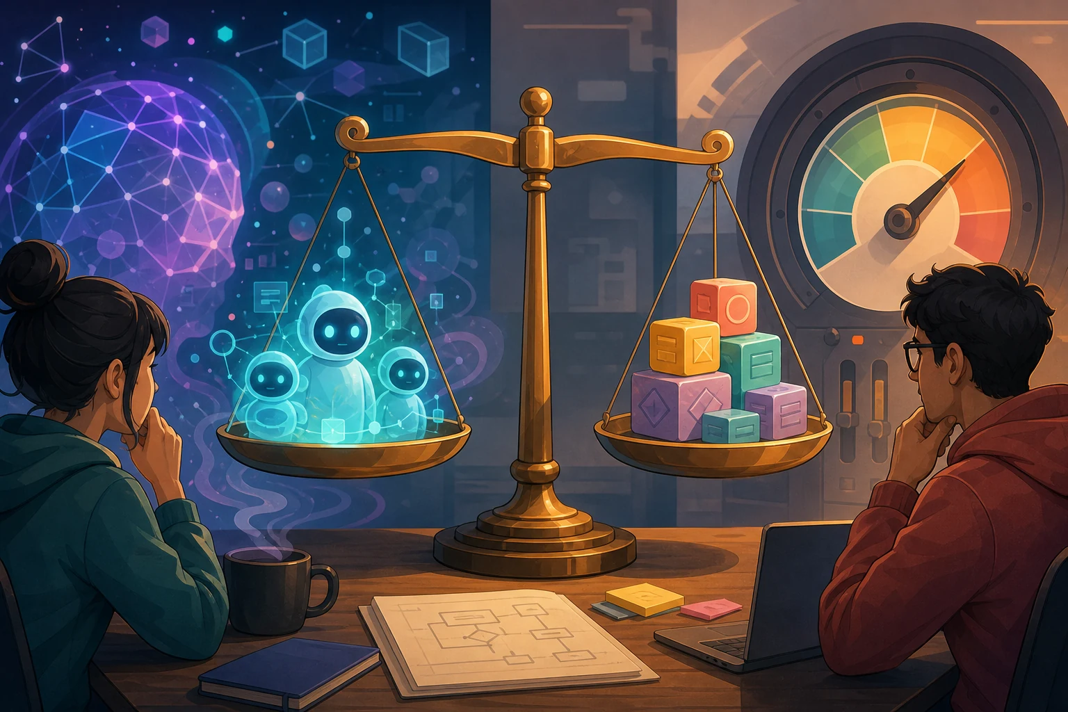 A balance scale weighs glowing AI helper agents against abstract usage blocks while developers plan nearby
