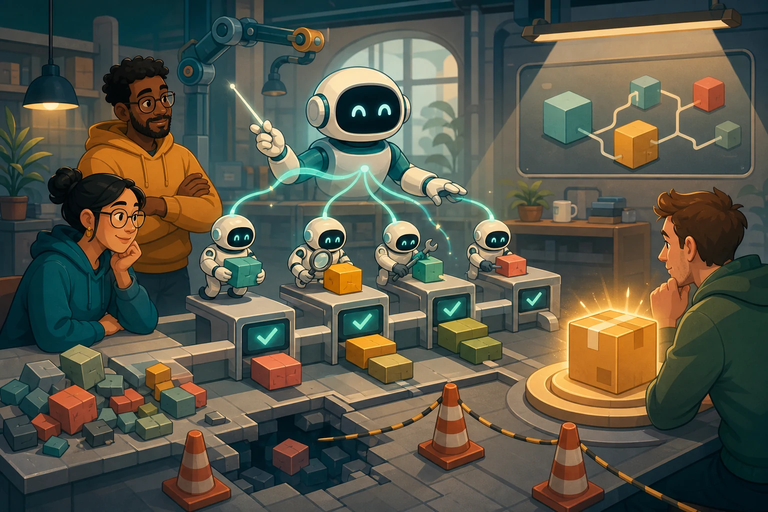 A cartoon AI coding assistant coordinates helper agents through a software workshop toward a finished package