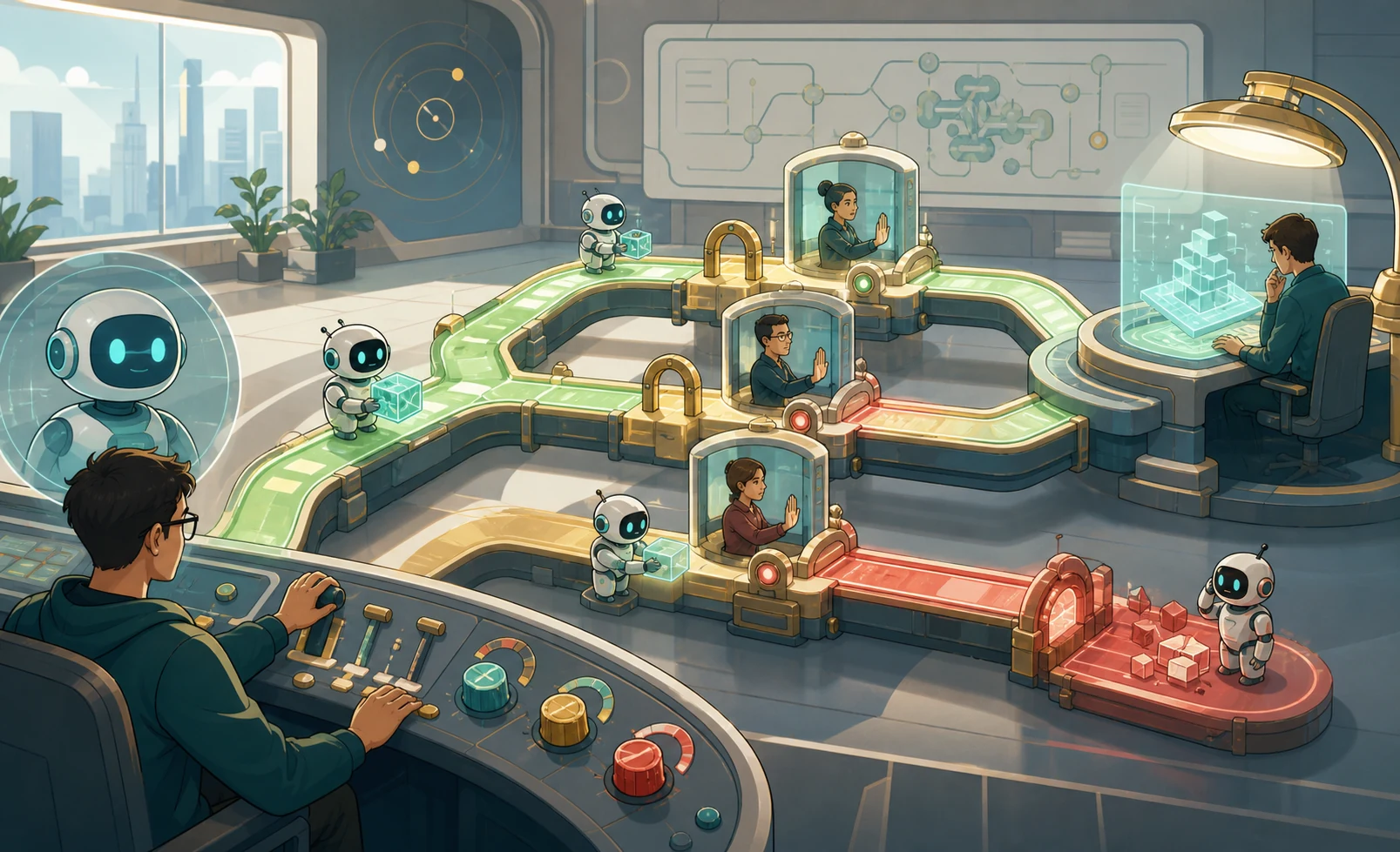 A cartoon engineering control room shows AI helper agents moving through gated workflow paths and review checkpoints