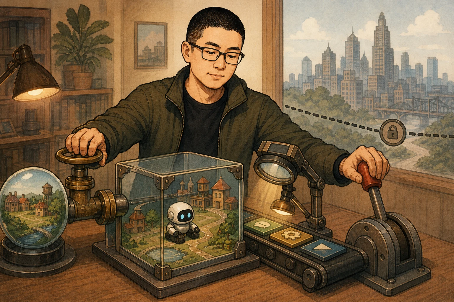 Mark installs a narrow network valve, an inspection checkpoint, and a stop lever around a small AI test chamber disconnected from a real city