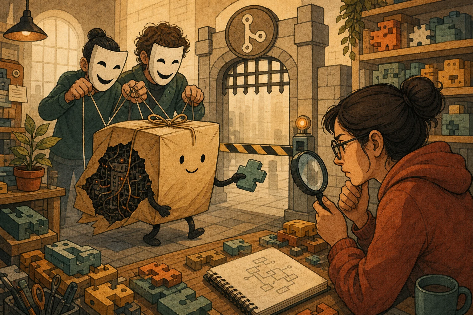 A maintainer inspects a friendly package hiding malicious machinery while two masked puppeteers manufacture support