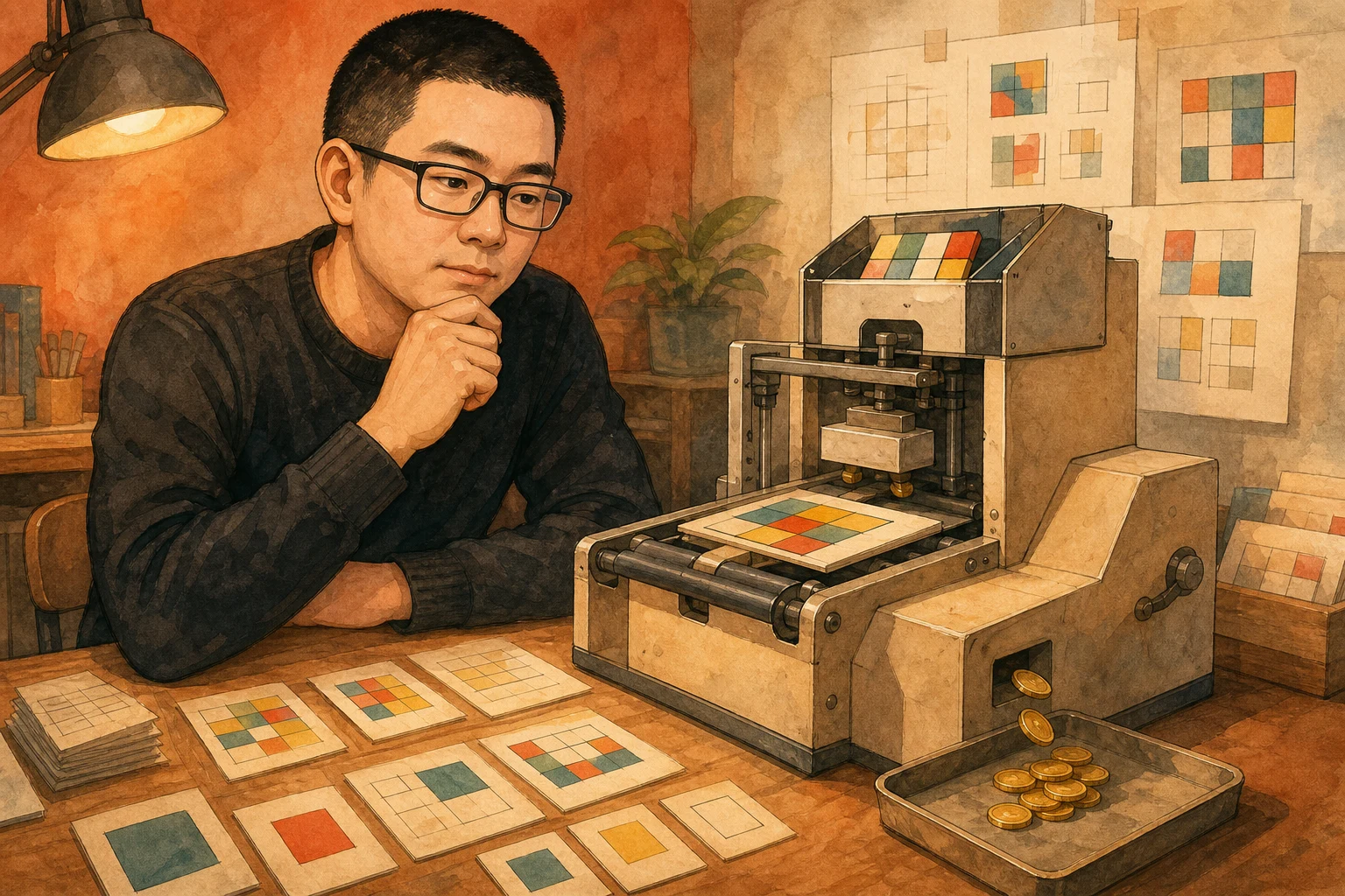 Mark studies a warm cartoon puzzle machine that turns colored grid cards into answers while a few coins collect beside it