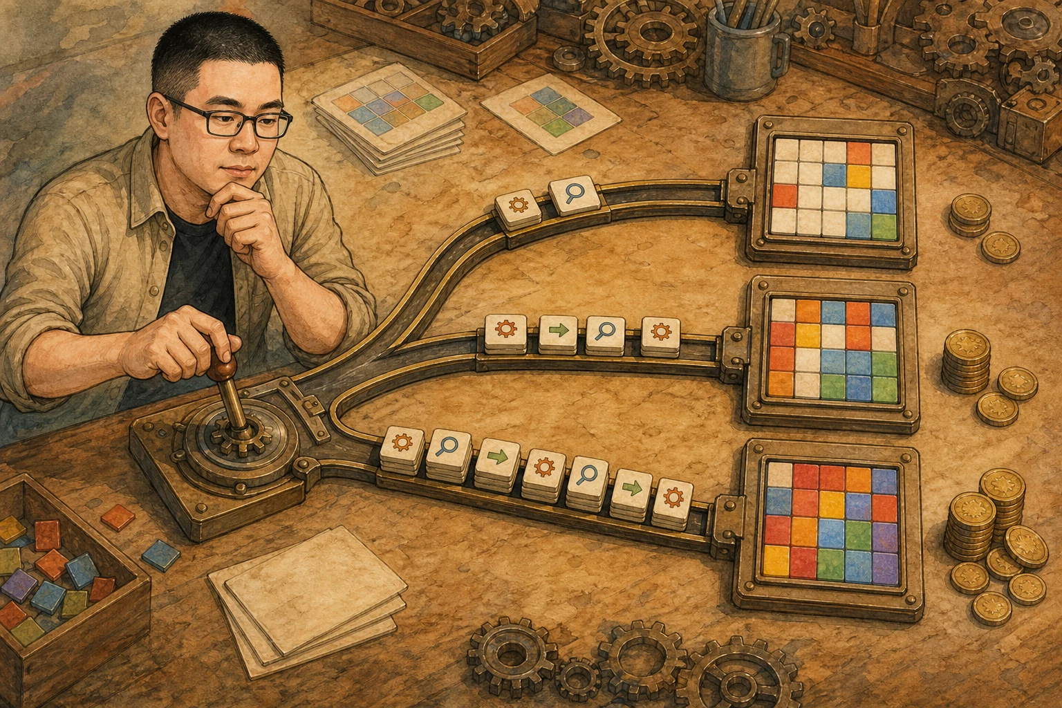 Mark chooses among three cartoon reasoning paths that use progressively more puzzle steps and coins to reach stronger colored-grid results