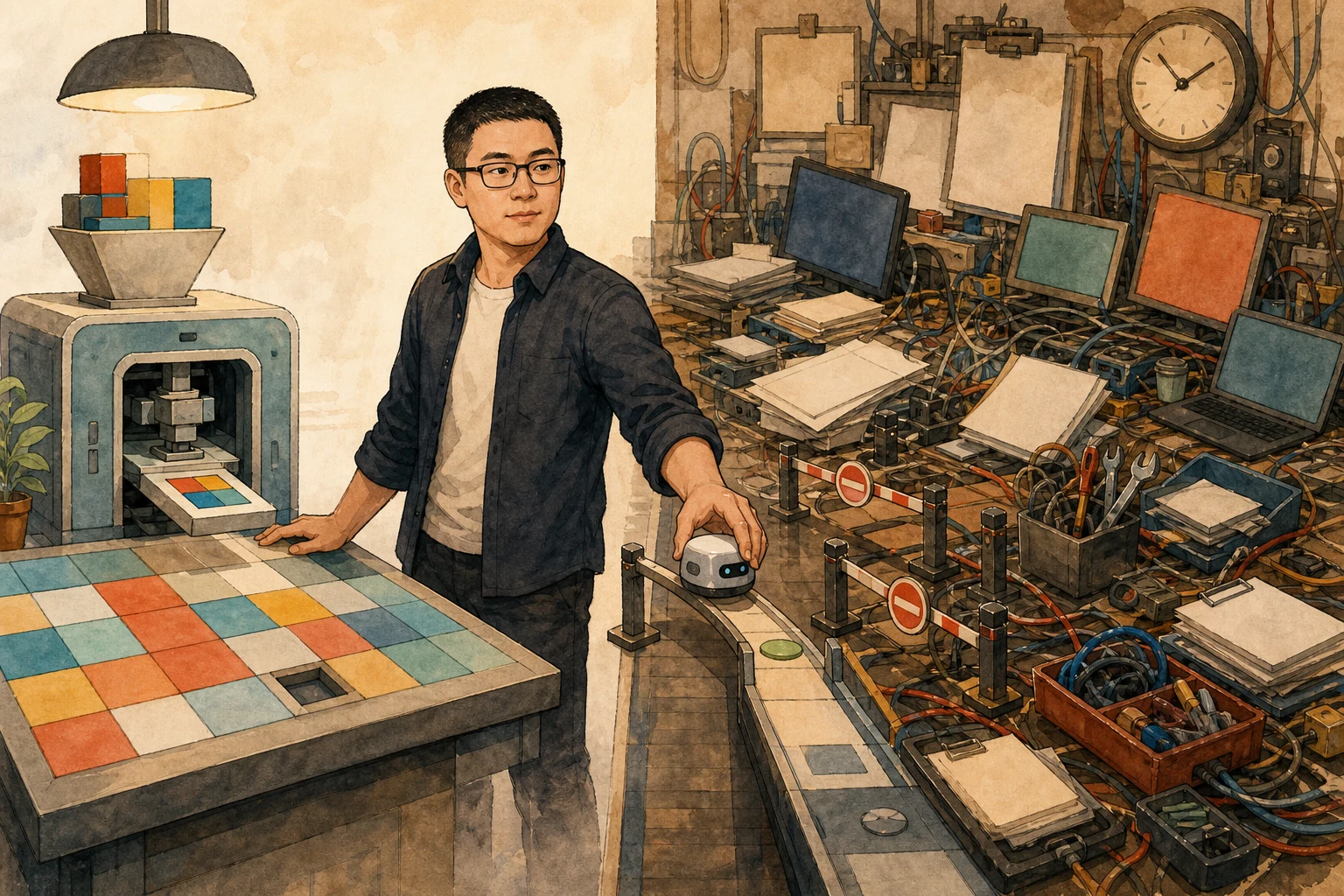 Mark routes a small cartoon AI mechanism from a tidy colored-grid puzzle bench toward a gated test lane beside a messy tool-filled workflow