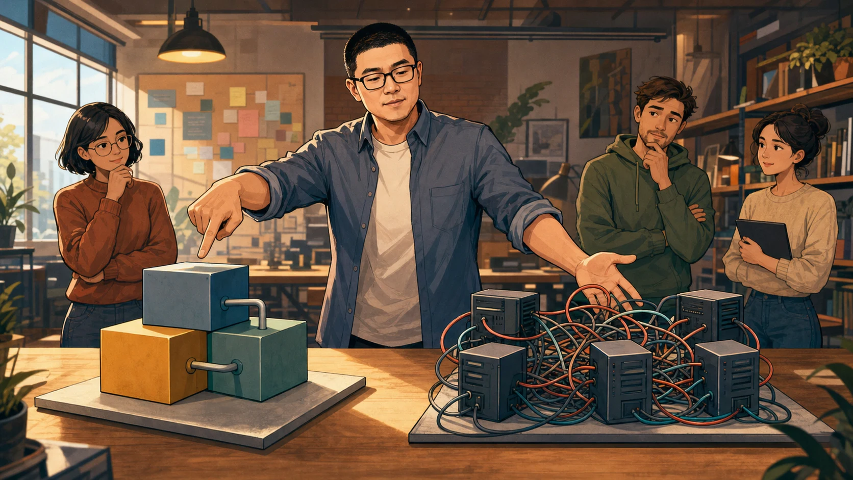 Mark compares a compact software design with five tangled service machines while a small team considers the tradeoff