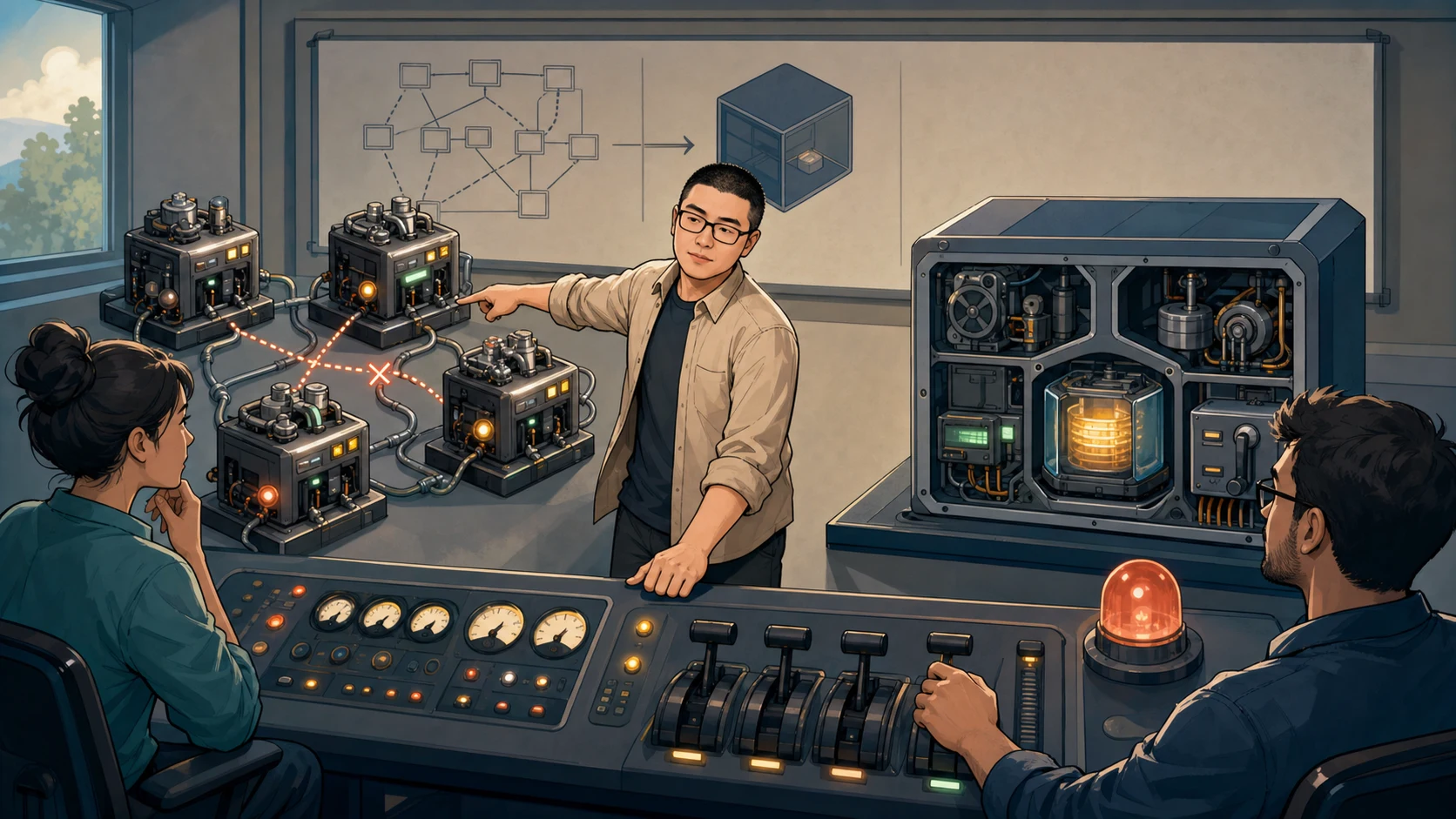 Mark and two colleagues trace failures across a distributed system while comparing it with one compact modular machine