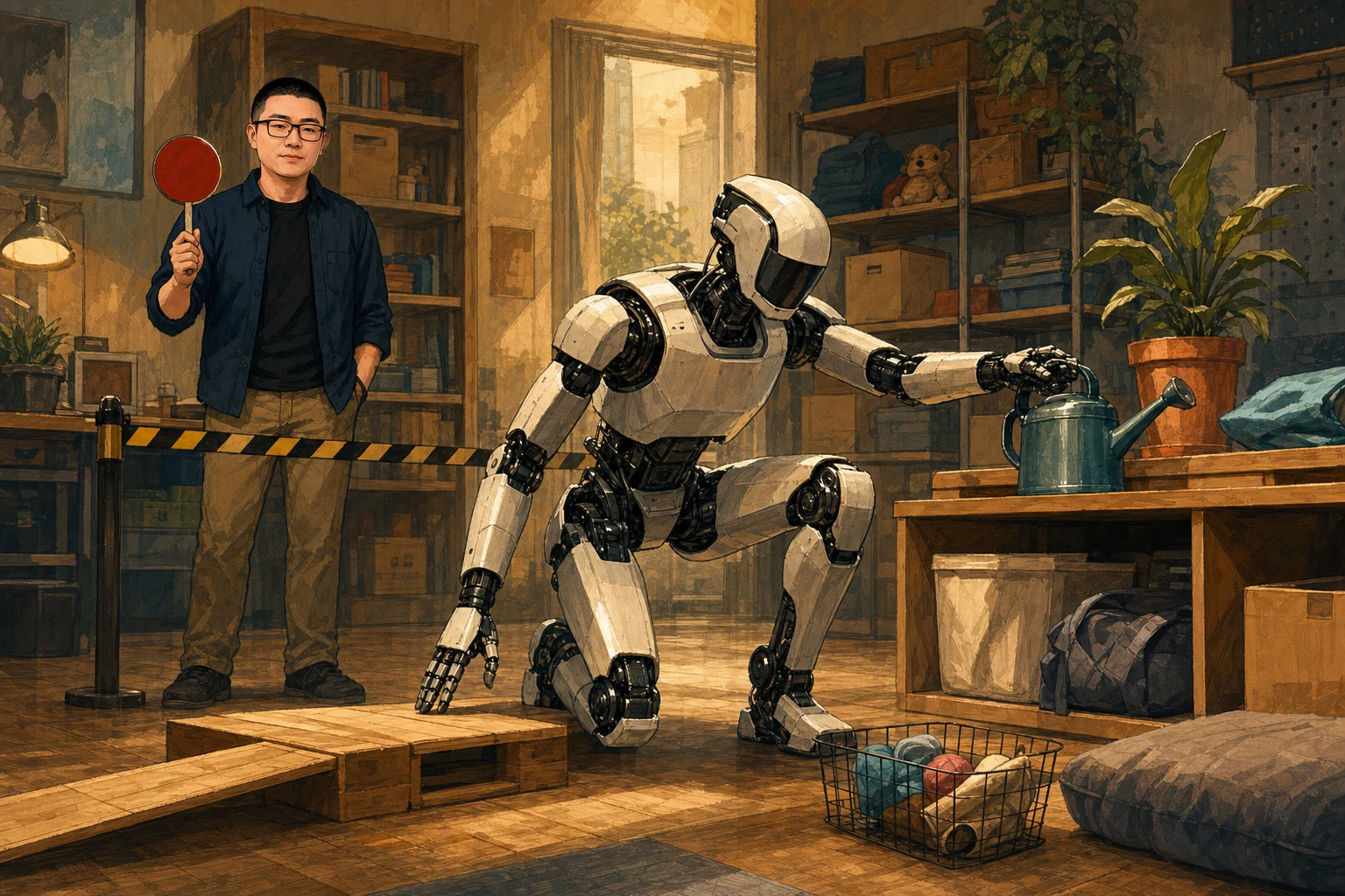 A warm cartoon robotics lab where Mark watches a humanoid crouch and reach for a watering can