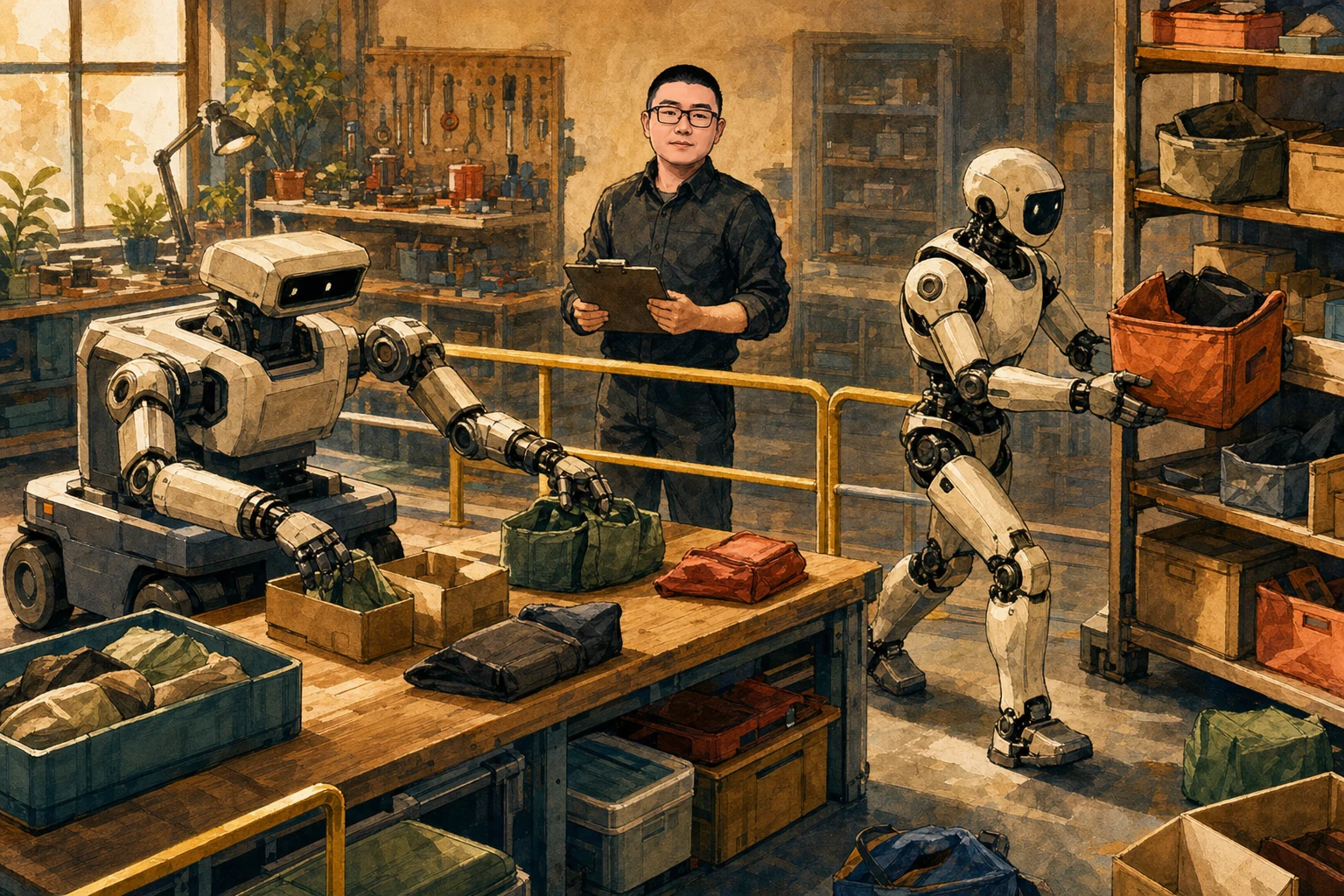 A warm cartoon workshop where two different robots sort and carry bags while Mark reviews their handoff