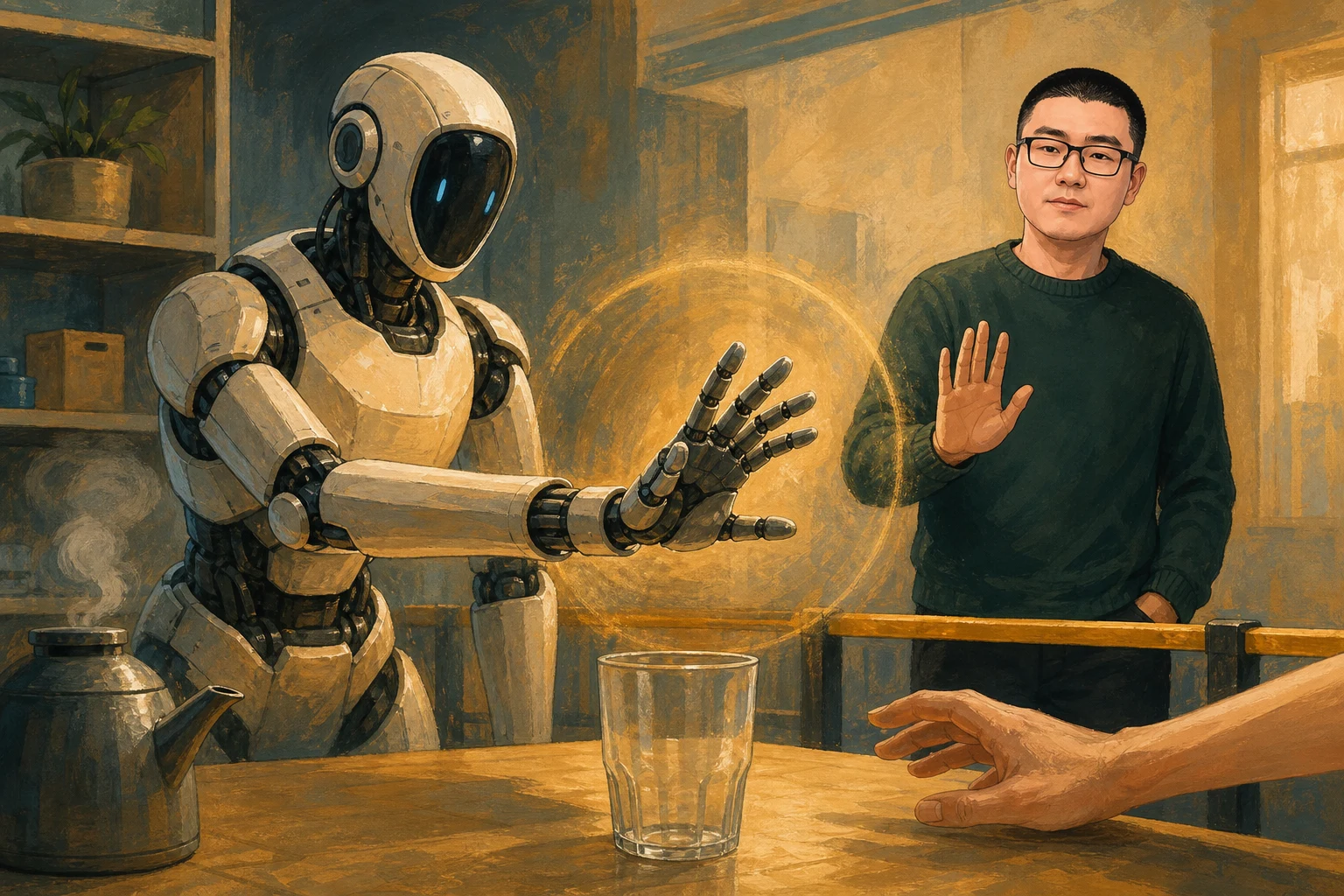 A warm cartoon robot freezes its open hand near an uncertain tabletop while Mark calmly signals a pause